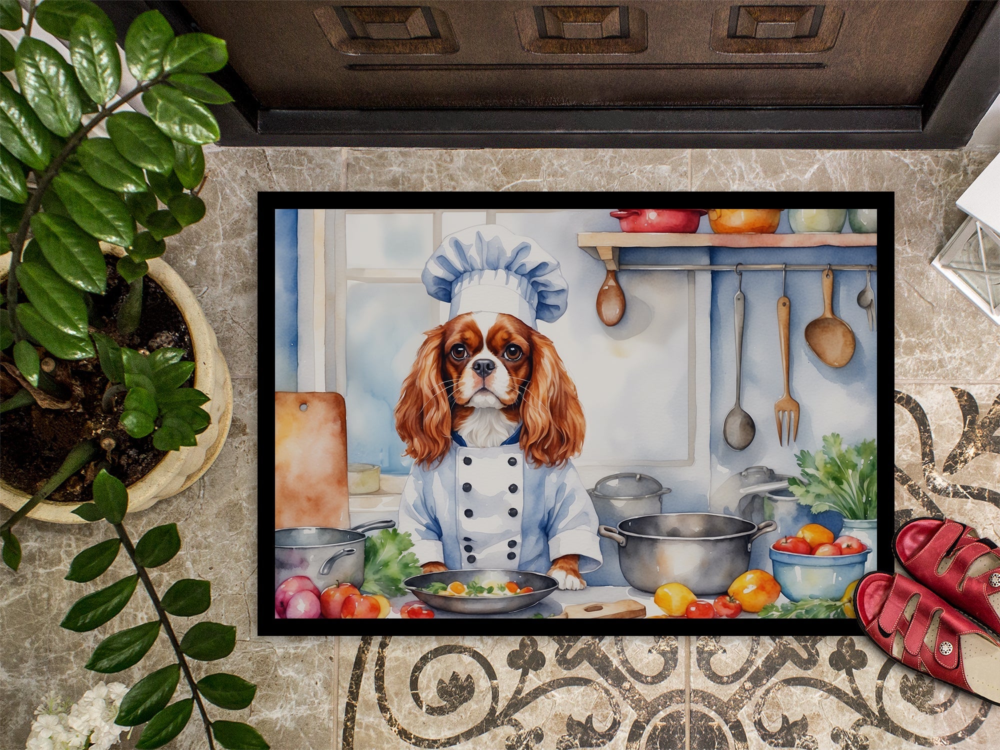Cavalier Spaniel The Chef Doormat Indoor Outdoor 18H X 27W Front Door Mat Rugs for Entryway, Non Slip Washable