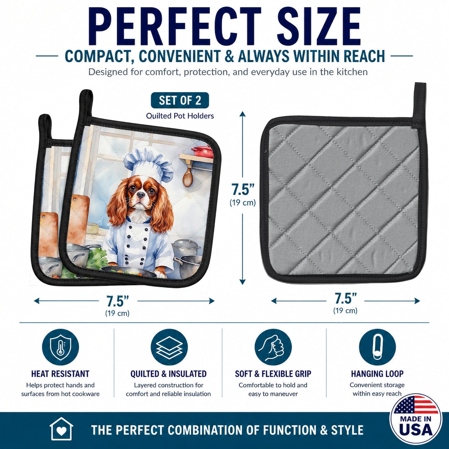 Cavalier Spaniel The Chef Pot Holder Set of 2 Heat Resistant Quilted Hot Pads 7.5 x 7.5 Inch, Insulated Kitchen Trivets for Cooking & Baking