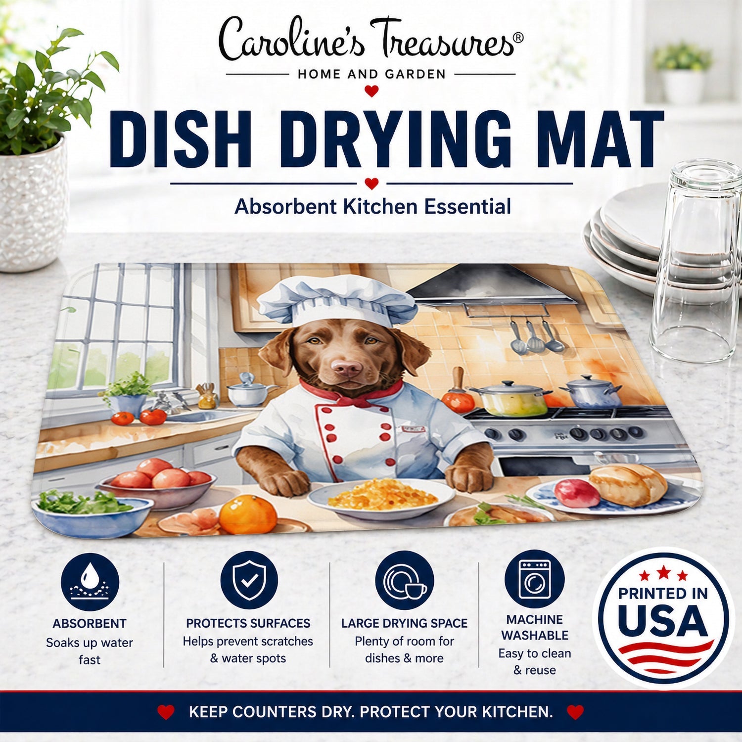 Chesapeake Bay Retriever The Chef Dish Drying Mat Absorbent Dish Drying Mat Pad for Kitchen Counter Dish Drainer Mat for Countertop, 14 x 21", Multicolor