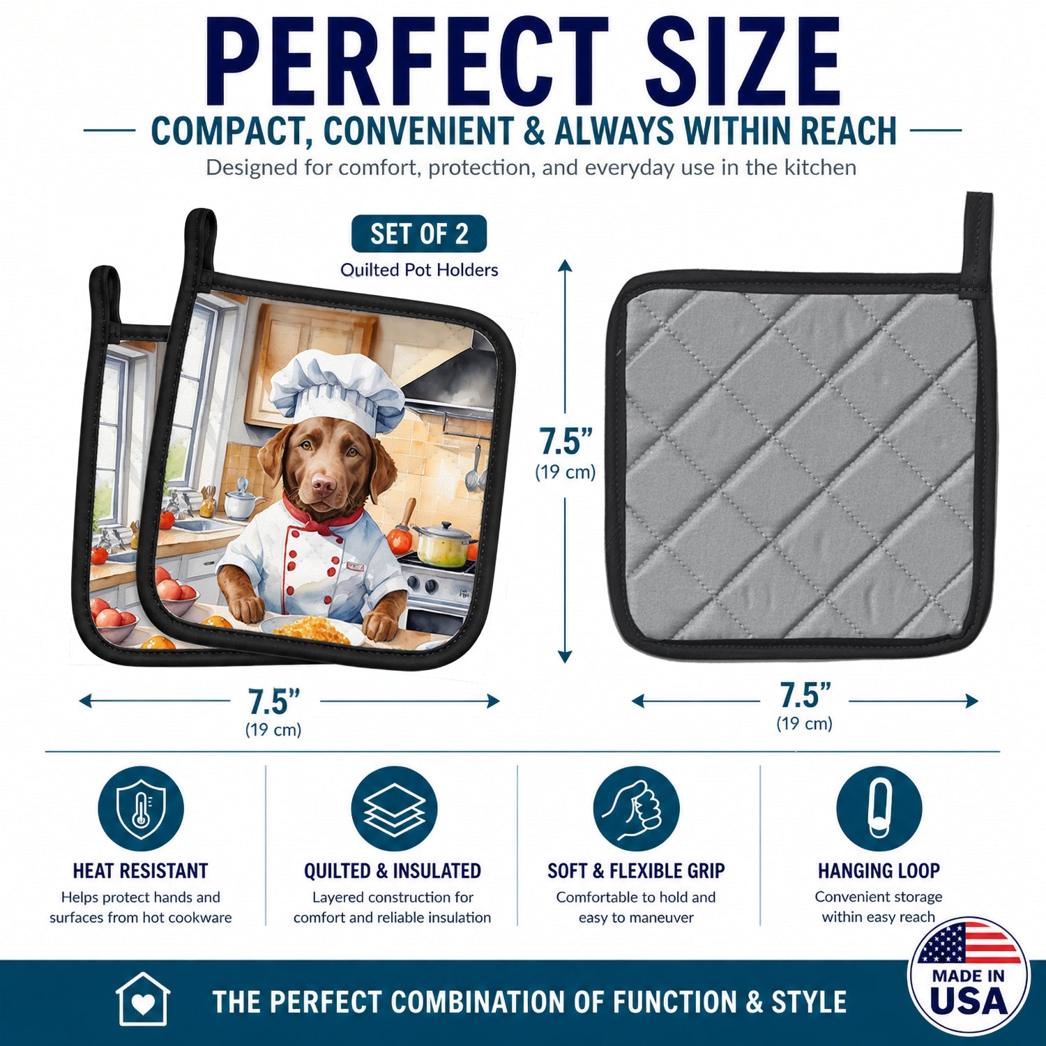 Chesapeake Bay Retriever The Chef Pot Holder Set of 2 Heat Resistant Quilted Hot Pads 7.5 x 7.5 Inch, Insulated Kitchen Trivets for Cooking & Baking