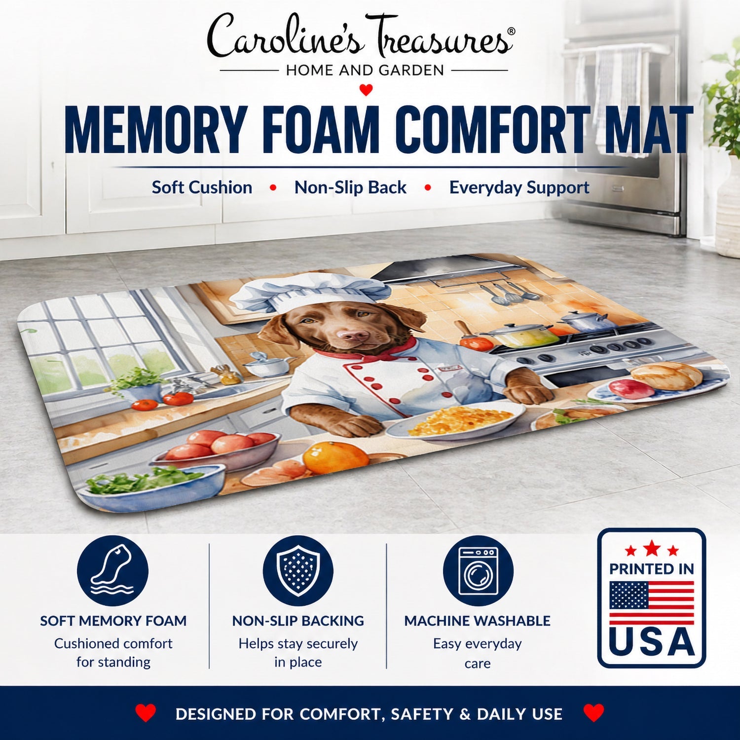 Chesapeake Bay Retriever The Chef Memory Foam Kitchen Mat Machine Washable Anti-Fatigue Cushion Comfort Bath or Kitchen Rug