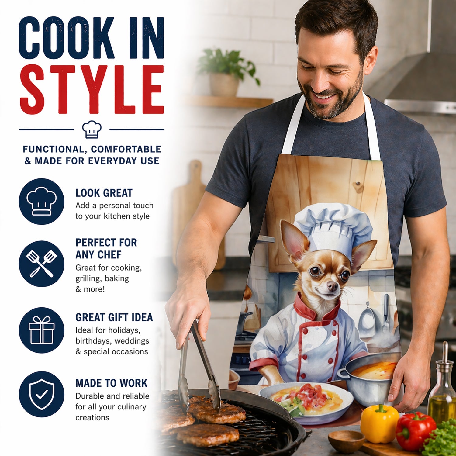 Chihuahua The Chef Apron Cooking Kitchen Server Baking Crafts Gardening for Adult Women Men, Unisex, Large, Multicolor