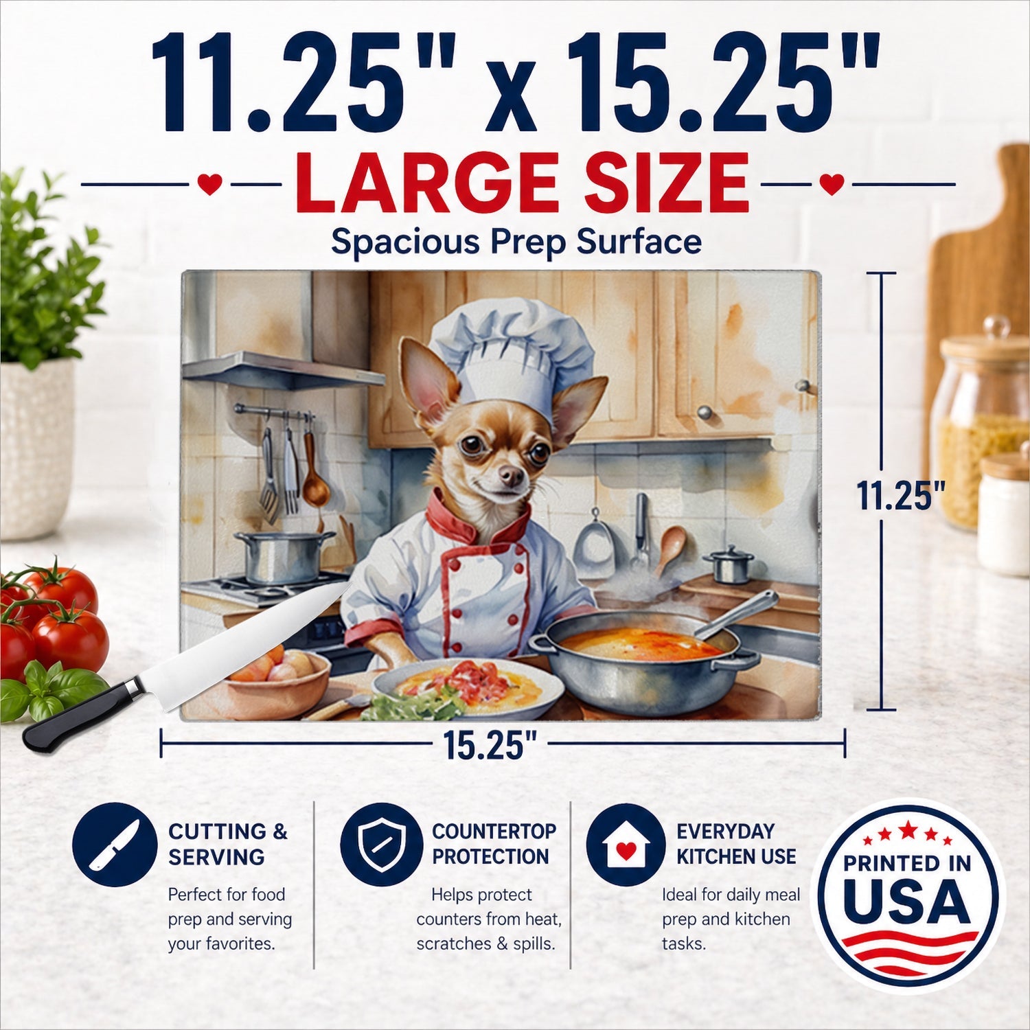 Chihuahua The Chef Cutting Board Tempered Glass Kitchen Cutting Surface, Heat Resistant Chopping, Non-Slip Feet, Food Prep & Serving