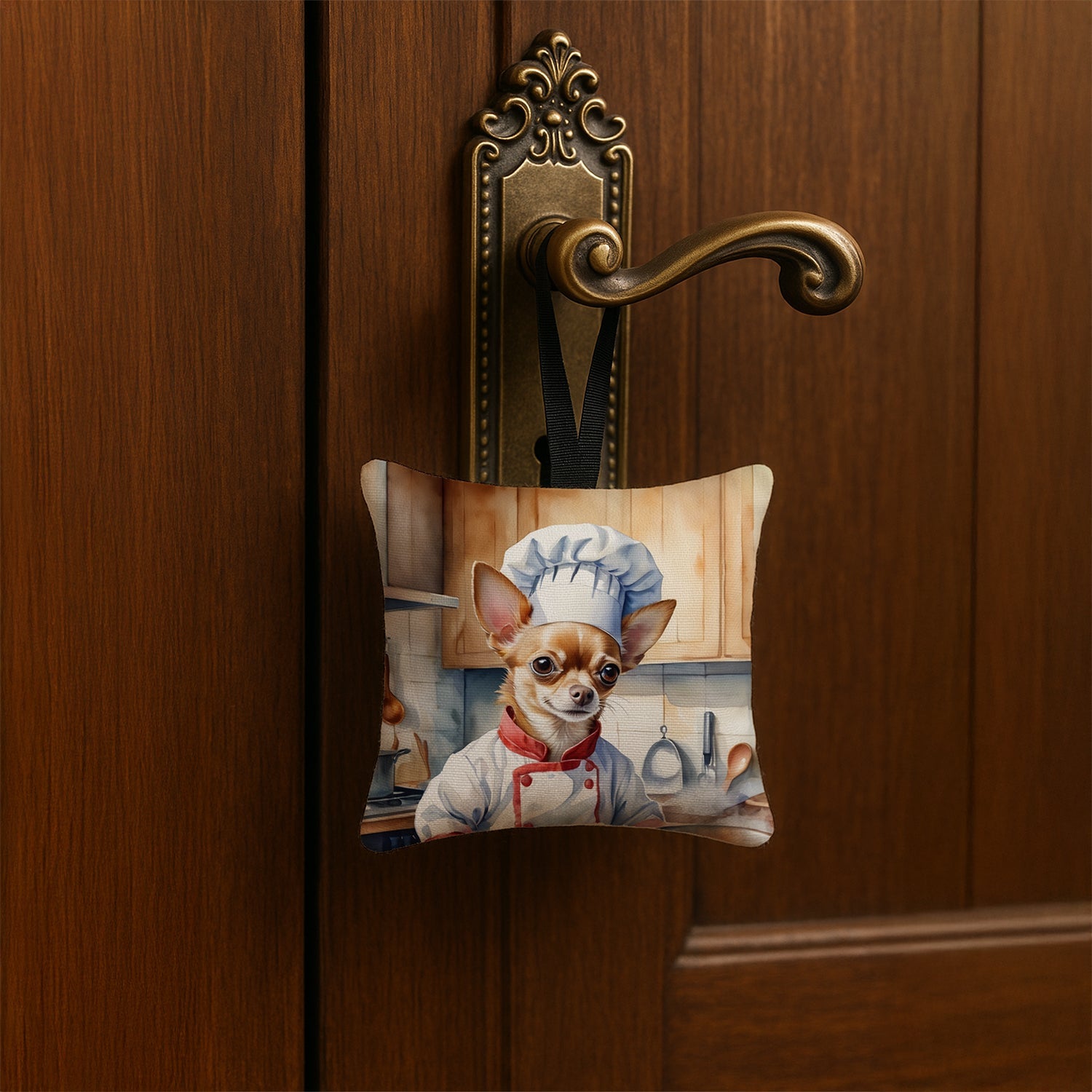 Chihuahua The Chef Hanging Square Fabric Ornament 3.5 × 3.5 Decorative Door-Knob & Tree Hanger, Soft Fabric