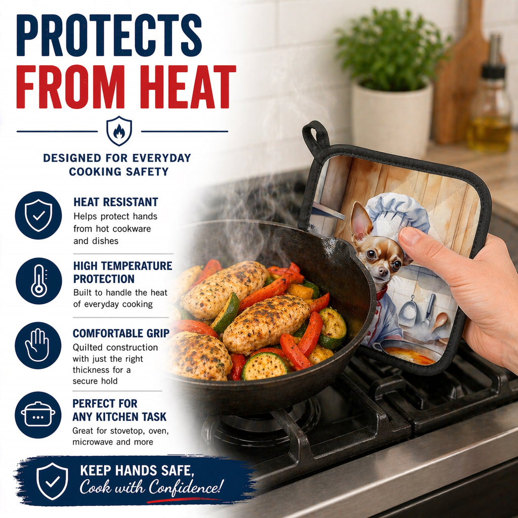 Chihuahua The Chef Pot Holder Set of 2 Heat Resistant Quilted Hot Pads 7.5 x 7.5 Inch, Insulated Kitchen Trivets for Cooking & Baking