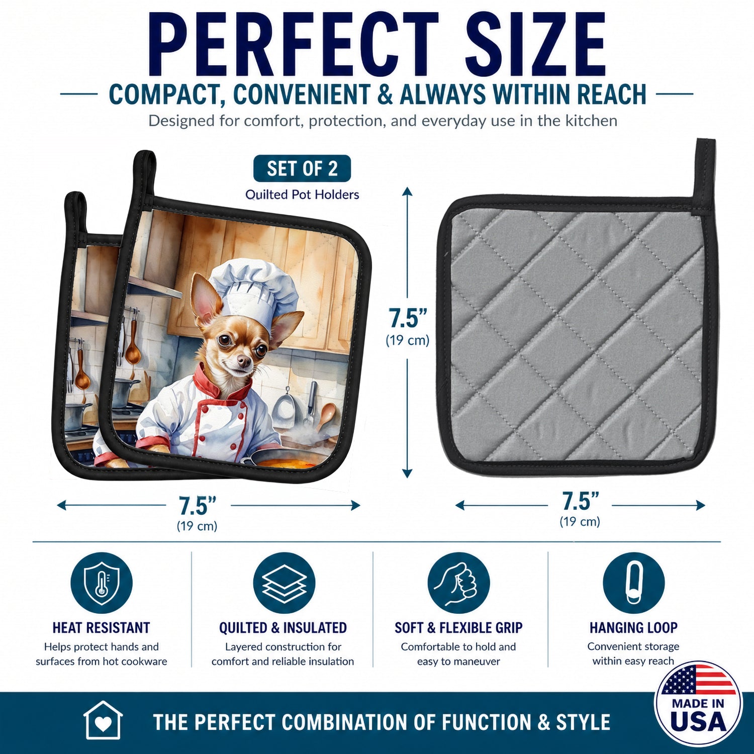 Chihuahua The Chef Pot Holder Set of 2 Heat Resistant Quilted Hot Pads 7.5 x 7.5 Inch, Insulated Kitchen Trivets for Cooking & Baking