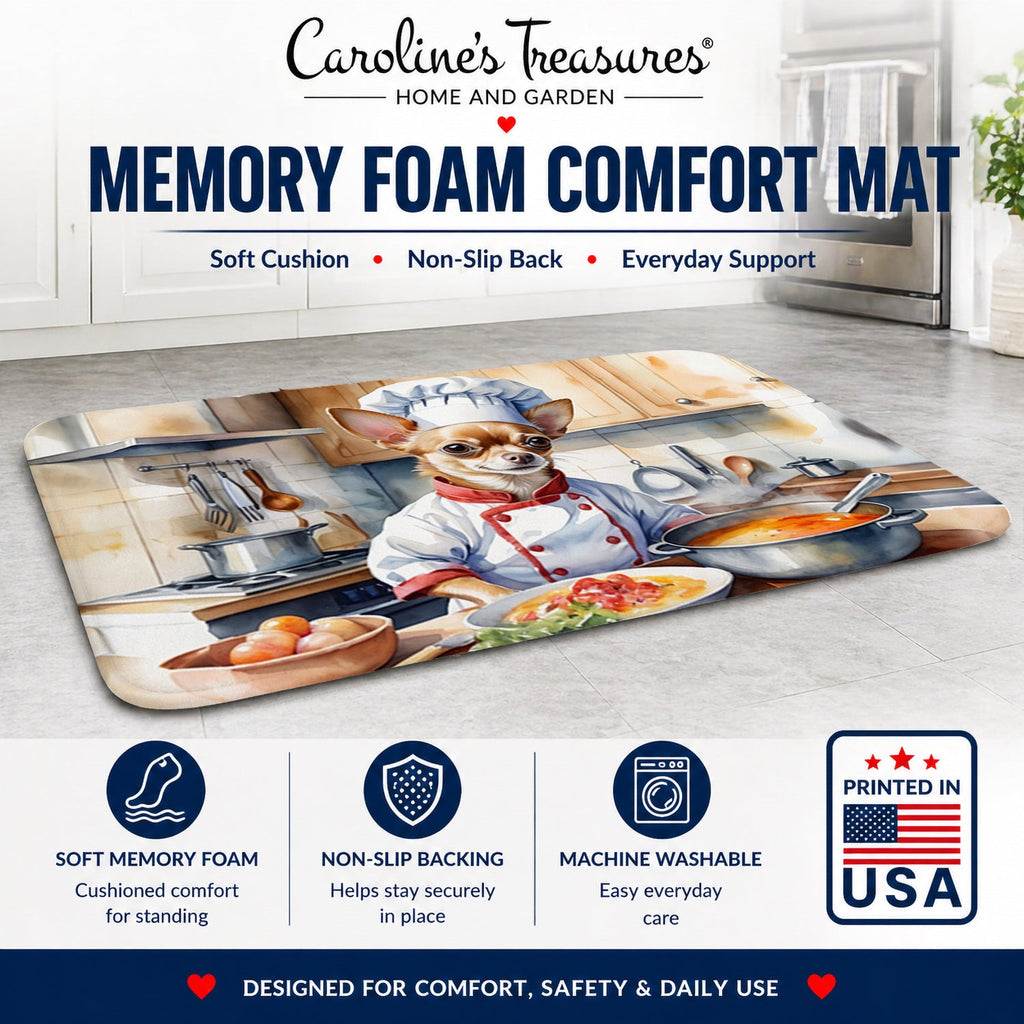 Chihuahua The Chef Memory Foam Kitchen Mat Machine Washable Anti-Fatigue Cushion Comfort Bath or Kitchen Rug