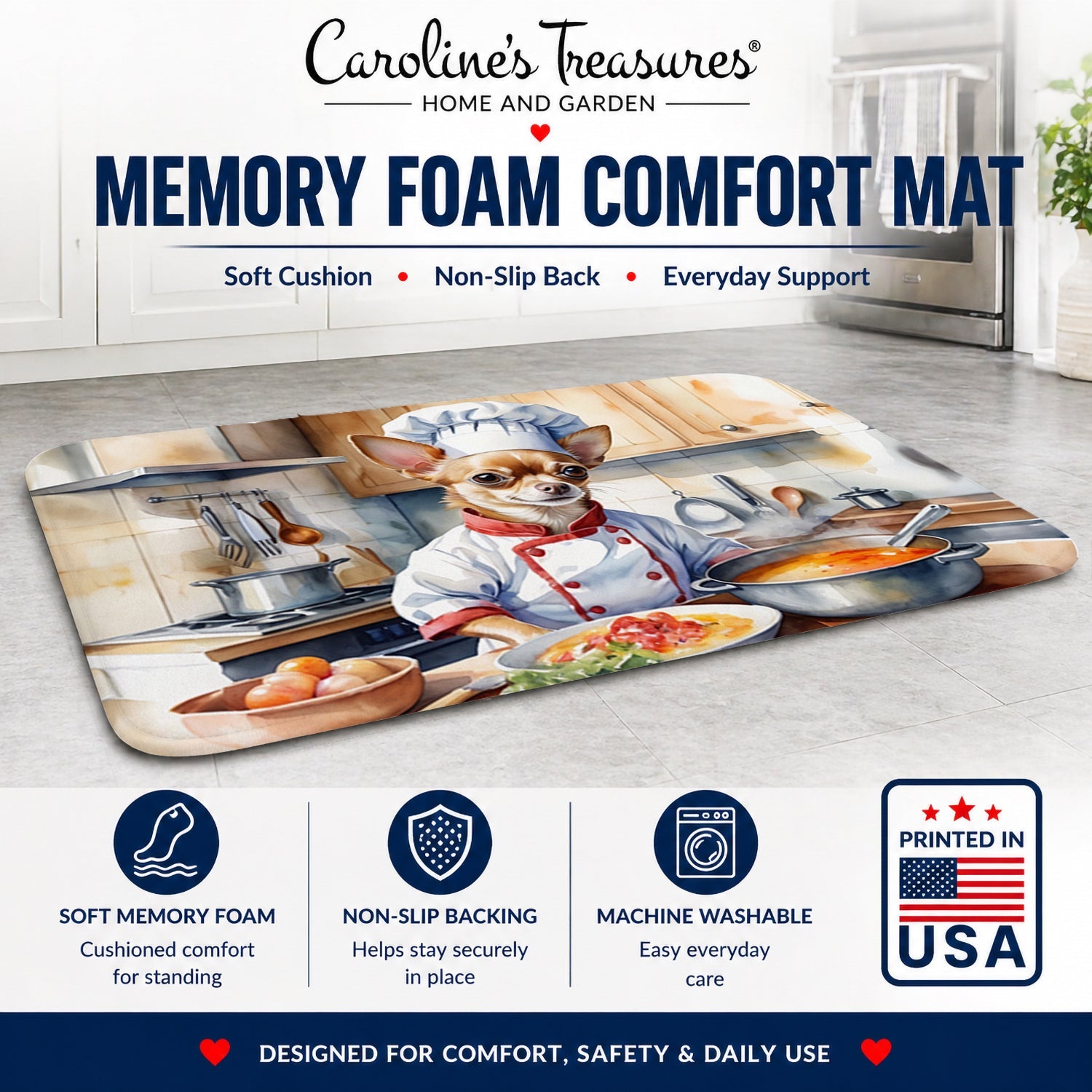 Chihuahua The Chef Memory Foam Kitchen Mat Machine Washable Anti-Fatigue Cushion Comfort Bath or Kitchen Rug