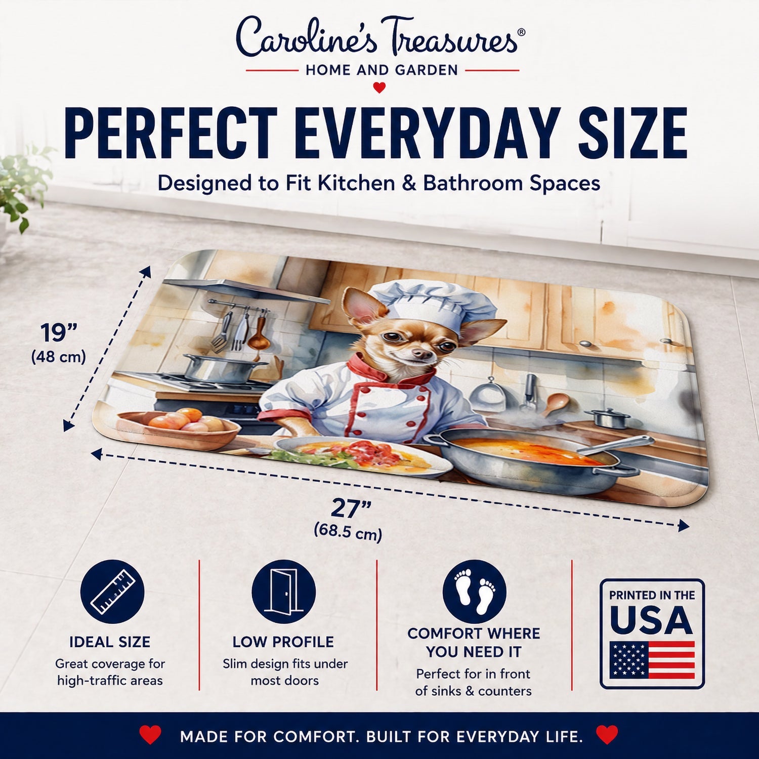 Chihuahua The Chef Memory Foam Kitchen Mat Machine Washable Anti-Fatigue Cushion Comfort Bath or Kitchen Rug