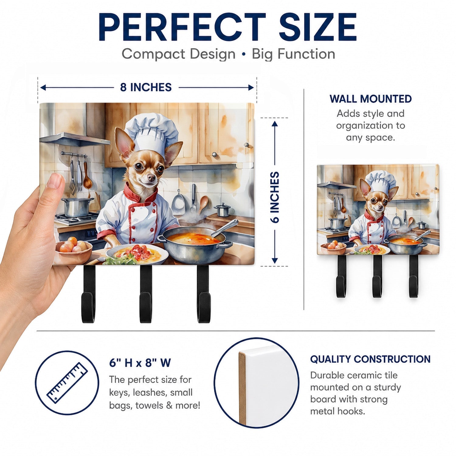 Chihuahua The Chef Leash or Key Holder Wall Hooks, Coat Rack Wall Mount, for Hanging Keys, Towels, Aprons, Leashes