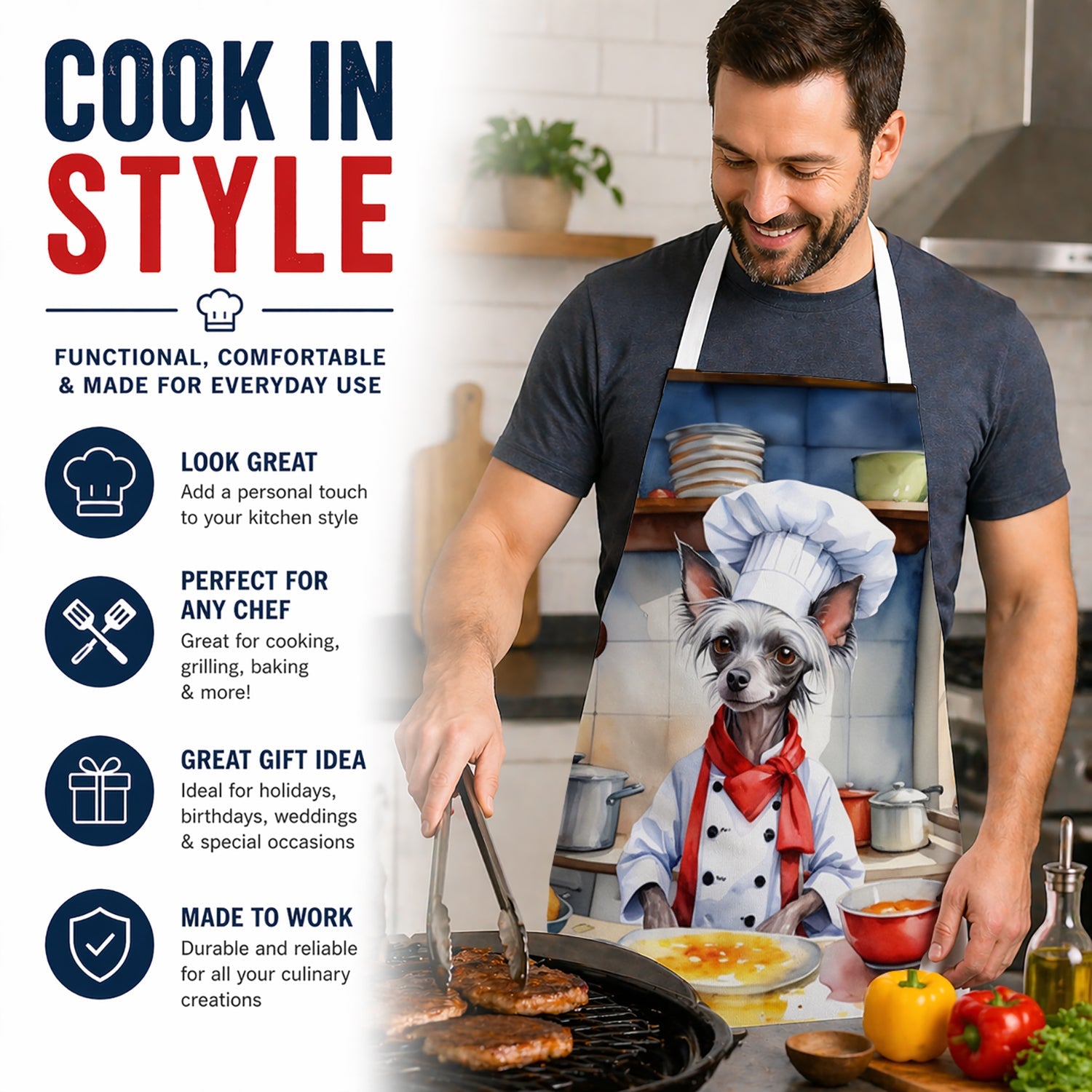 Chinese Crested The Chef Apron Cooking Kitchen Server Baking Crafts Gardening for Adult Women Men, Unisex, Large, Multicolor