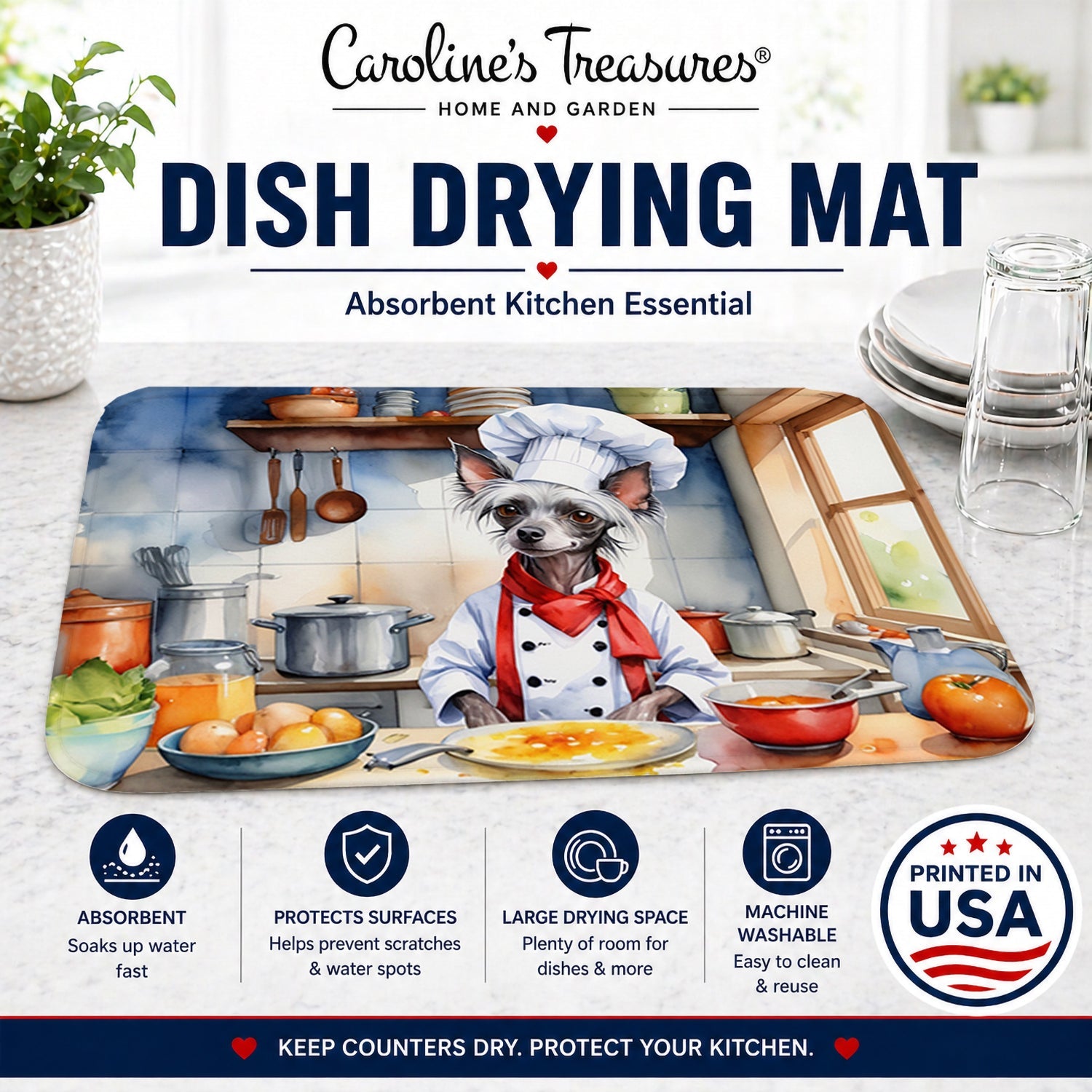 Chinese Crested The Chef Dish Drying Mat Absorbent Dish Drying Mat Pad for Kitchen Counter Dish Drainer Mat for Countertop, 14 x 21", Multicolor