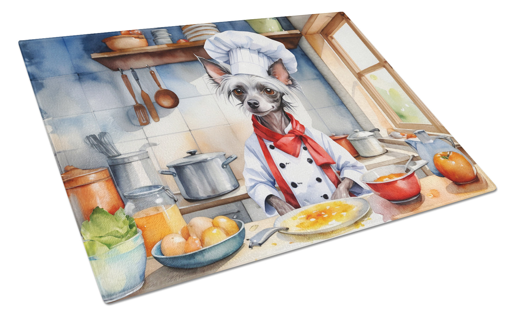 Chinese Crested The Chef Cutting Board Tempered Glass Kitchen Cutting Surface, Heat Resistant Chopping, Non-Slip Feet, Food Prep & Serving