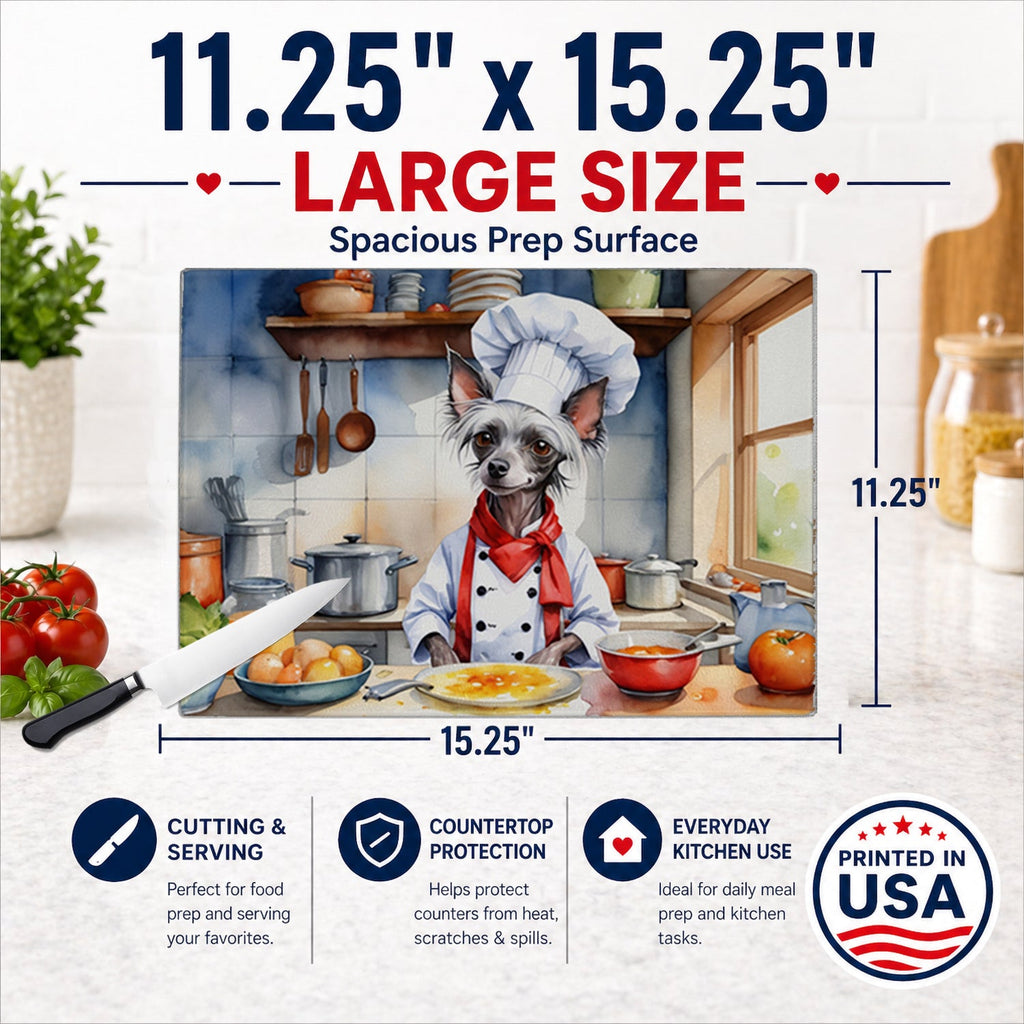 Chinese Crested The Chef Cutting Board Tempered Glass Kitchen Cutting Surface, Heat Resistant Chopping, Non-Slip Feet, Food Prep & Serving
