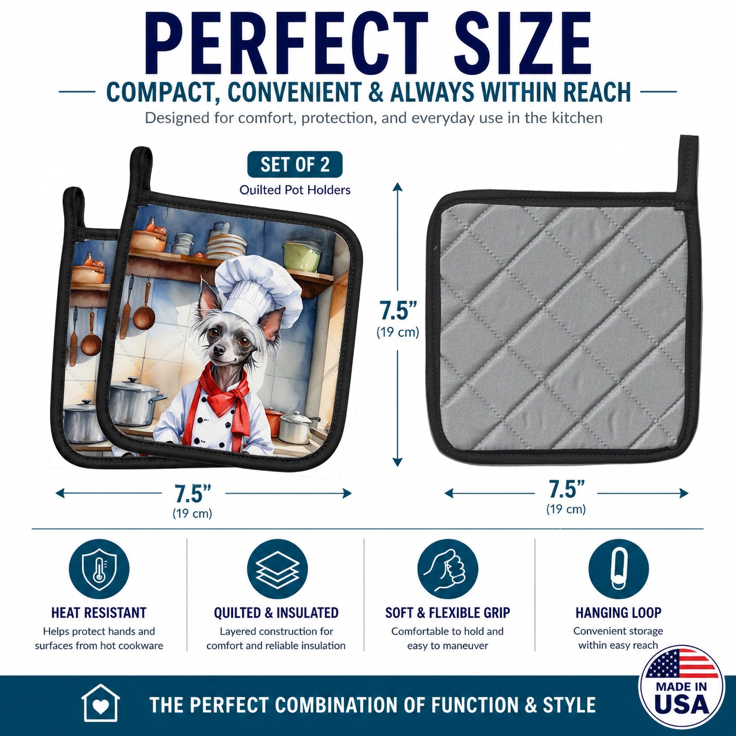 Chinese Crested The Chef Pot Holder Set of 2 Heat Resistant Quilted Hot Pads 7.5 x 7.5 Inch, Insulated Kitchen Trivets for Cooking & Baking