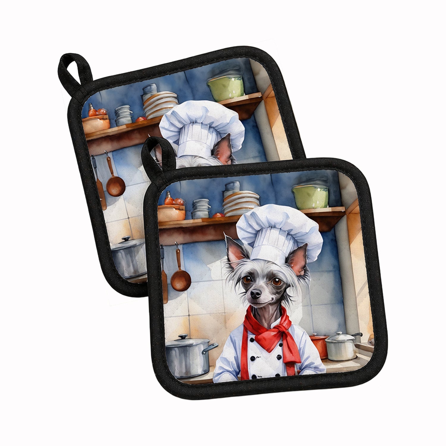 Chinese Crested The Chef Pot Holder Set of 2 Heat Resistant Quilted Hot Pads 7.5 x 7.5 Inch, Insulated Kitchen Trivets for Cooking & Baking