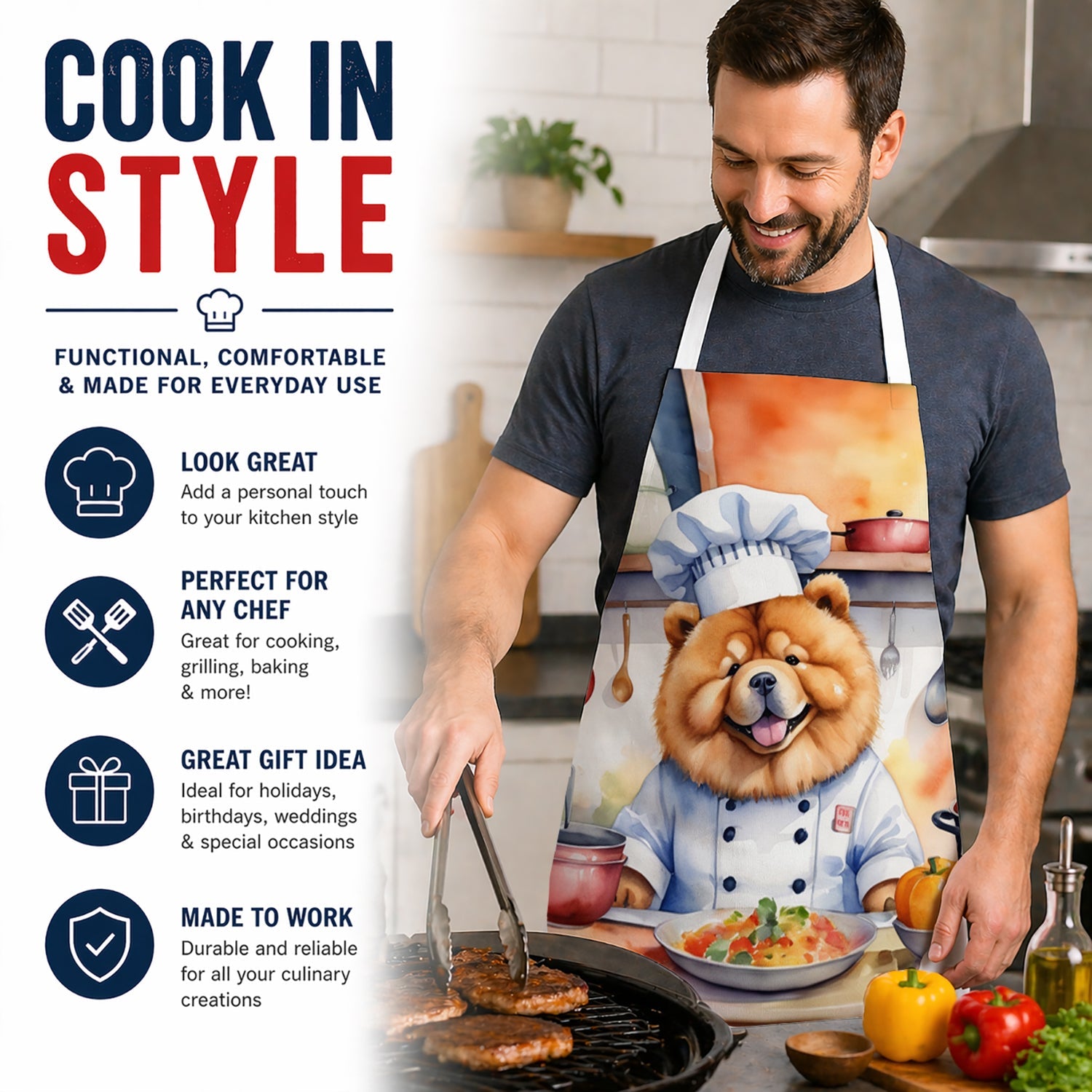 Chow Chow The Chef Apron Cooking Kitchen Server Baking Crafts Gardening for Adult Women Men, Unisex, Large, Multicolor