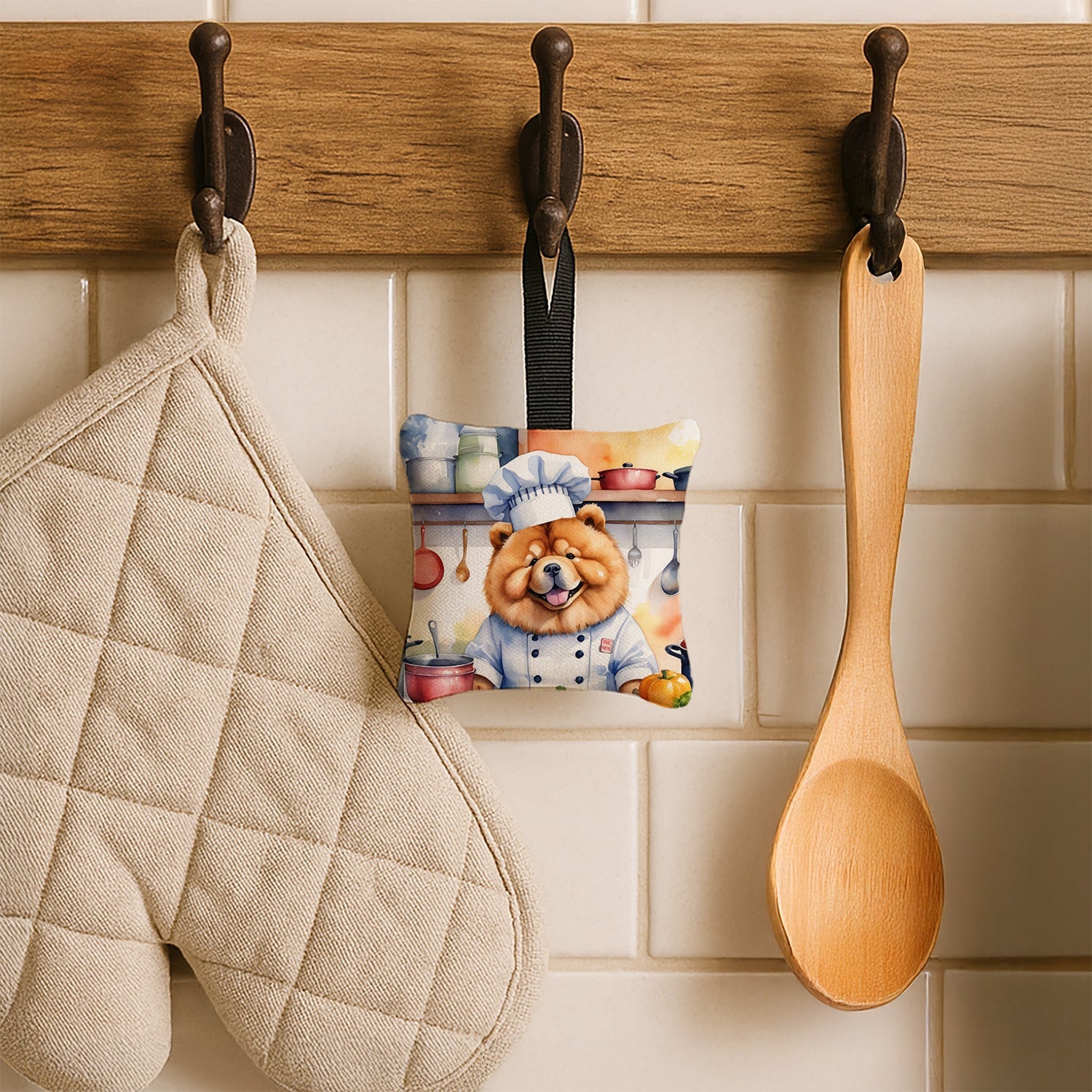 Chow Chow The Chef Hanging Square Fabric Ornament 3.5 × 3.5 Decorative Door-Knob & Tree Hanger, Soft Fabric