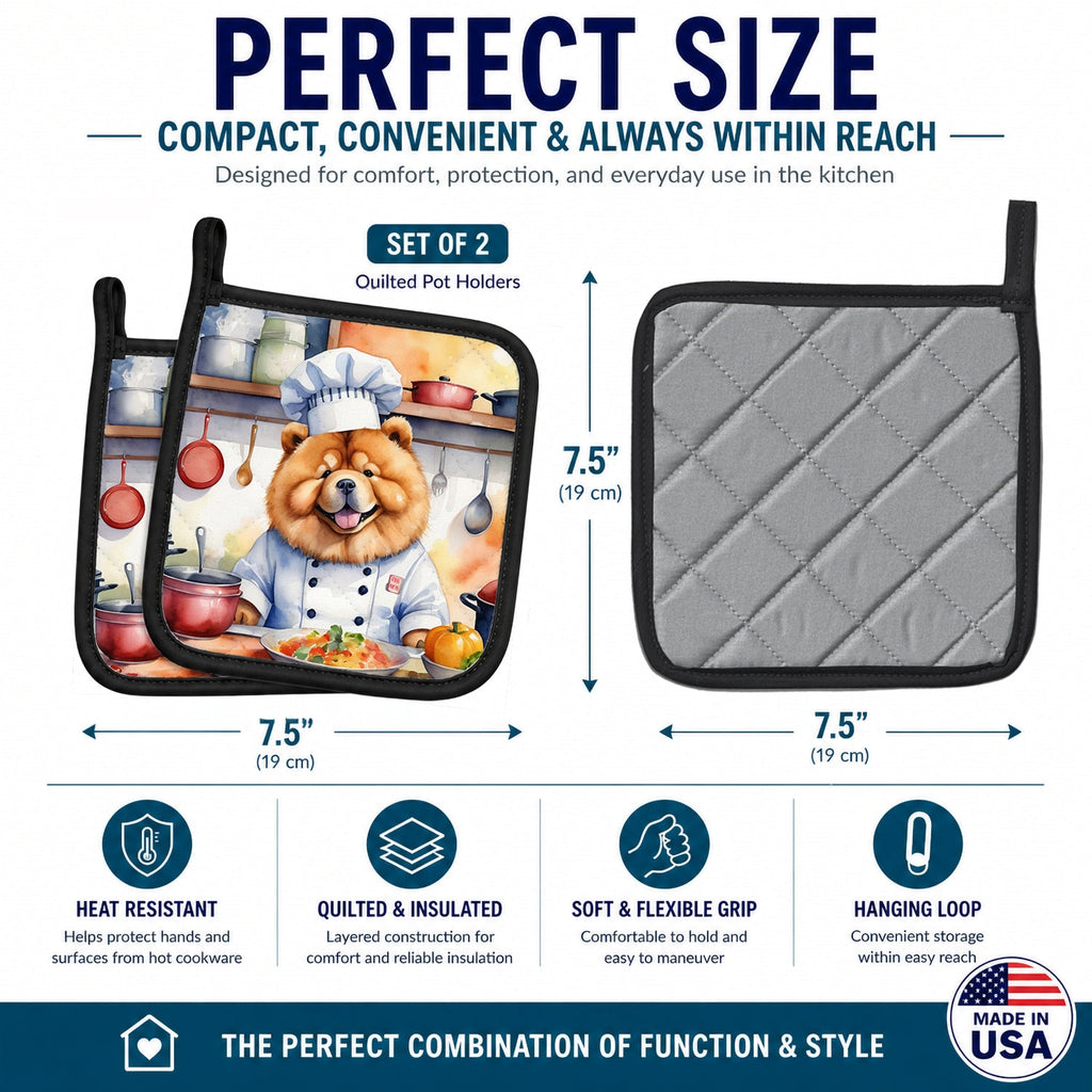 Chow Chow The Chef Pot Holder Set of 2 Heat Resistant Quilted Hot Pads 7.5 x 7.5 Inch, Insulated Kitchen Trivets for Cooking & Baking