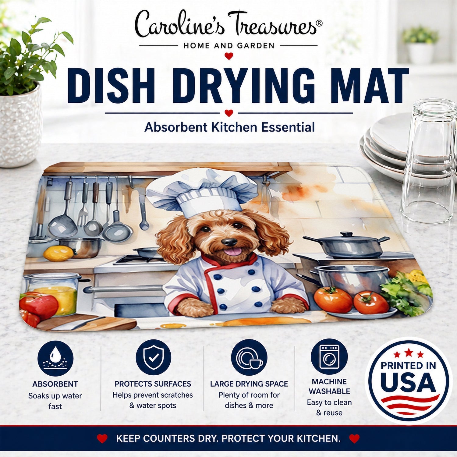 Cockapoo The Chef Dish Drying Mat Absorbent Dish Drying Mat Pad for Kitchen Counter Dish Drainer Mat for Countertop, 14 x 21", Multicolor
