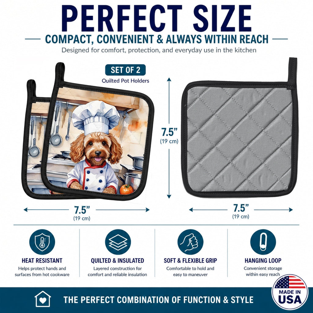 Cockapoo The Chef Pot Holder Set of 2 Heat Resistant Quilted Hot Pads 7.5 x 7.5 Inch, Insulated Kitchen Trivets for Cooking & Baking