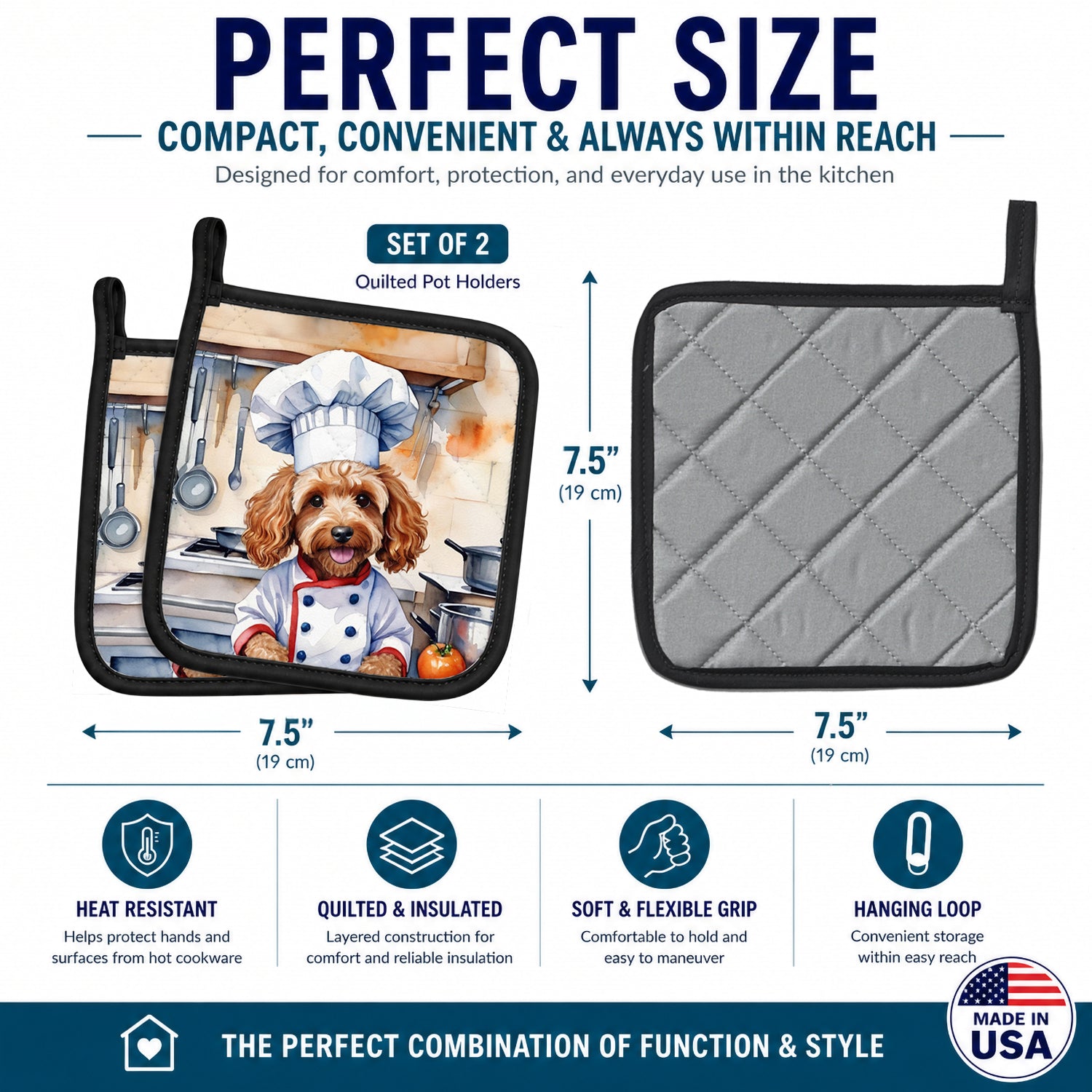 Cockapoo The Chef Pot Holder Set of 2 Heat Resistant Quilted Hot Pads 7.5 x 7.5 Inch, Insulated Kitchen Trivets for Cooking & Baking