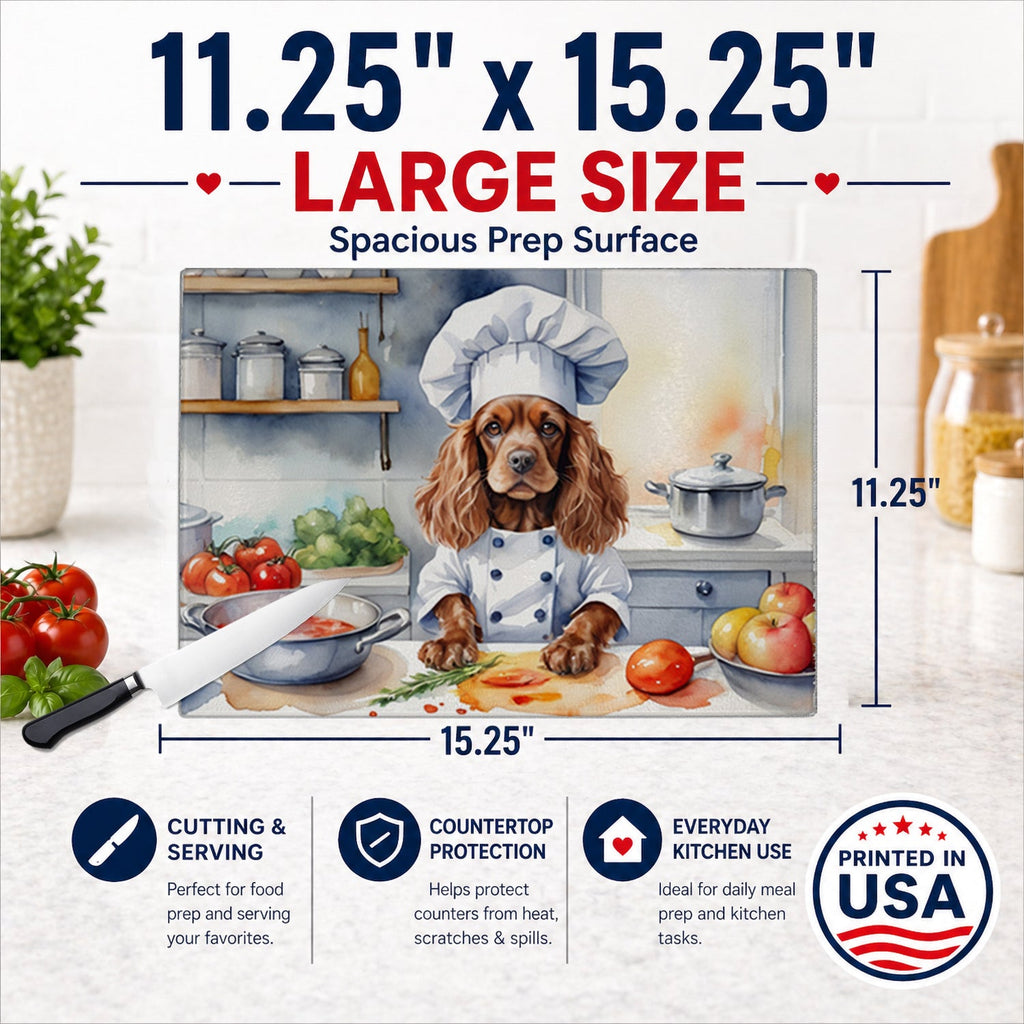 Cocker Spaniel The Chef Cutting Board Tempered Glass Kitchen Cutting Surface, Heat Resistant Chopping, Non-Slip Feet, Food Prep & Serving