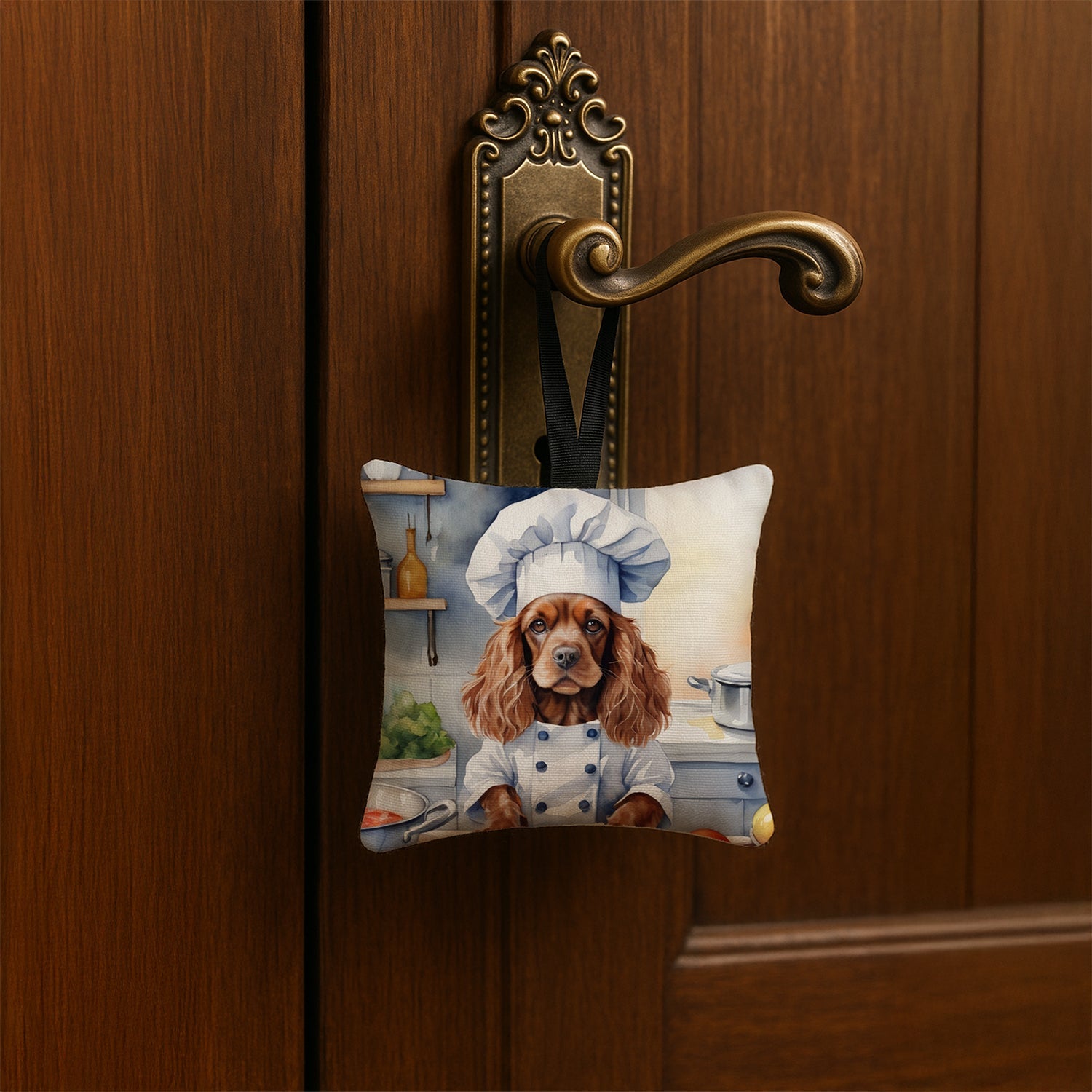 Cocker Spaniel The Chef Hanging Square Fabric Ornament 3.5 × 3.5 Decorative Door-Knob & Tree Hanger, Soft Fabric