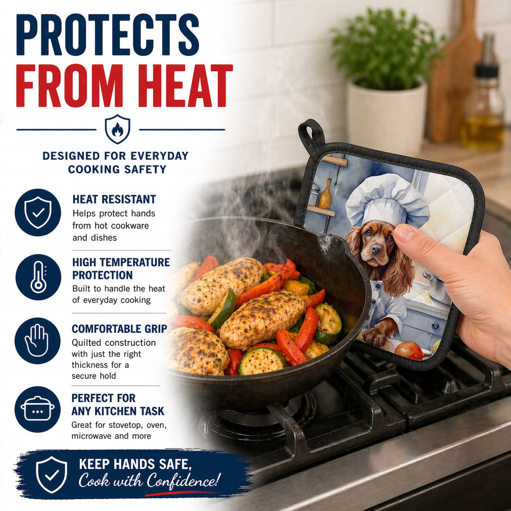 Cocker Spaniel The Chef Pot Holder Set of 2 Heat Resistant Quilted Hot Pads 7.5 x 7.5 Inch, Insulated Kitchen Trivets for Cooking & Baking