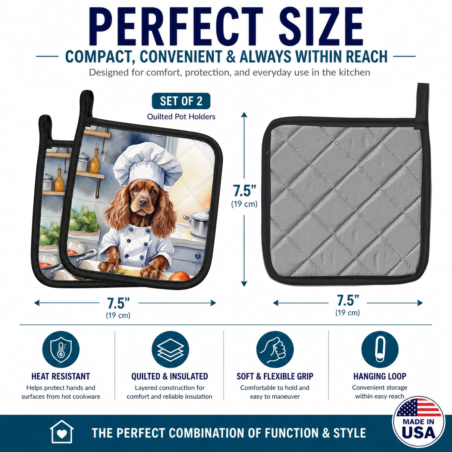 Cocker Spaniel The Chef Pot Holder Set of 2 Heat Resistant Quilted Hot Pads 7.5 x 7.5 Inch, Insulated Kitchen Trivets for Cooking & Baking