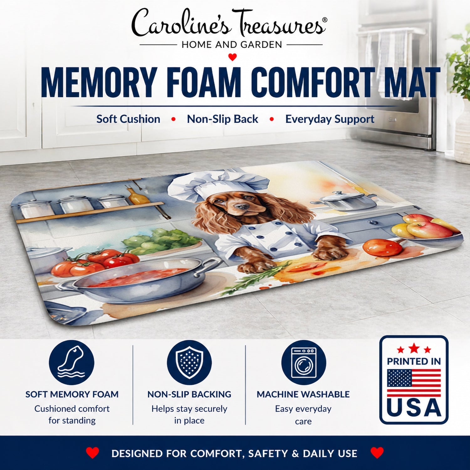 Cocker Spaniel The Chef Memory Foam Kitchen Mat Machine Washable Anti-Fatigue Cushion Comfort Bath or Kitchen Rug