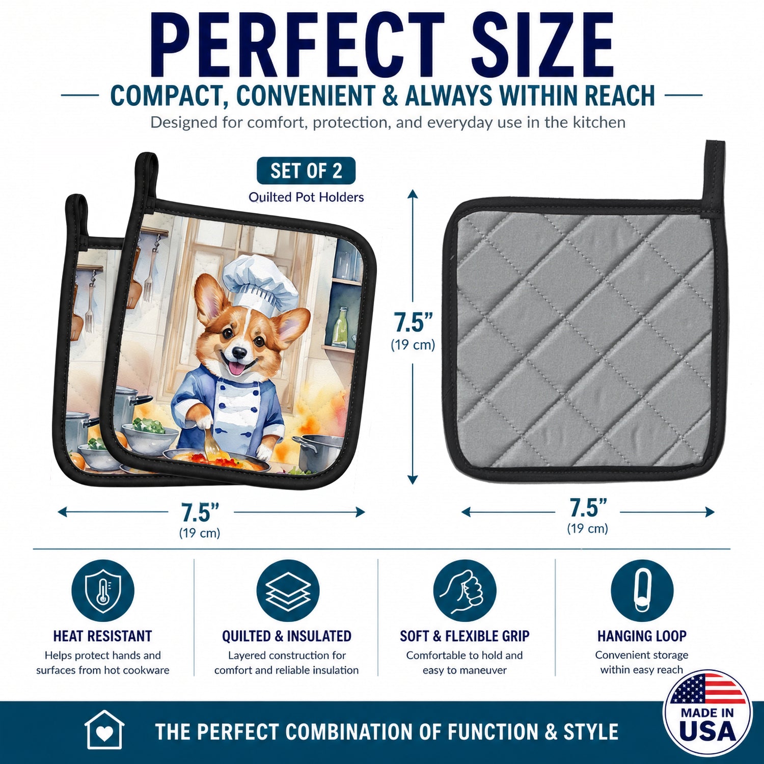 Corgi The Chef Pot Holder Set of 2 Heat Resistant Quilted Hot Pads 7.5 x 7.5 Inch, Insulated Kitchen Trivets for Cooking & Baking