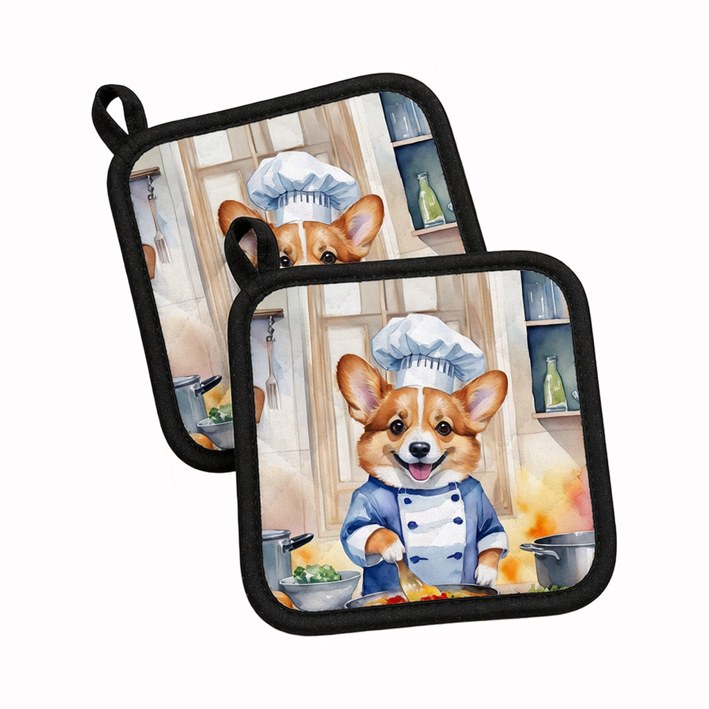 Corgi The Chef Pot Holder Set of 2 Heat Resistant Quilted Hot Pads 7.5 x 7.5 Inch, Insulated Kitchen Trivets for Cooking & Baking