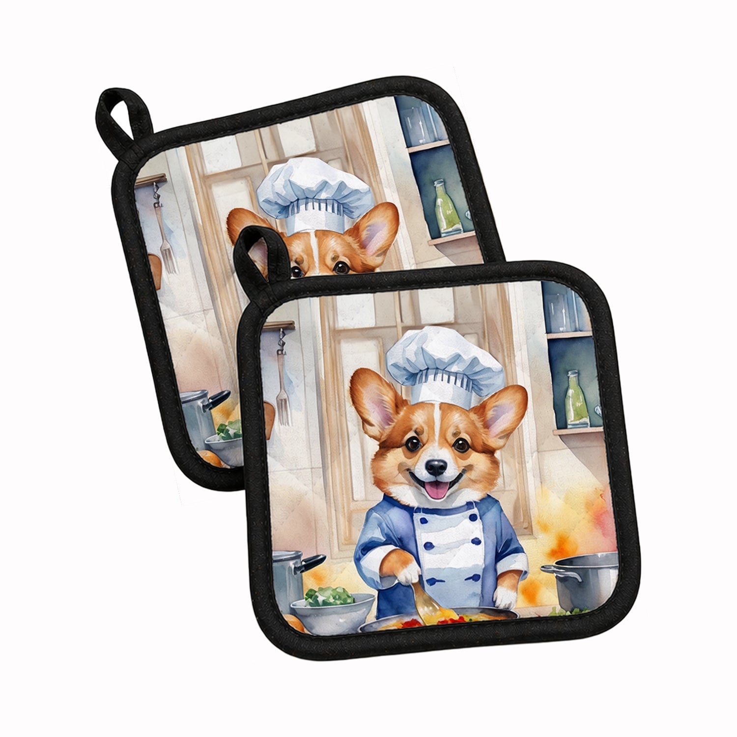 Corgi The Chef Pot Holder Set of 2 Heat Resistant Quilted Hot Pads 7.5 x 7.5 Inch, Insulated Kitchen Trivets for Cooking & Baking