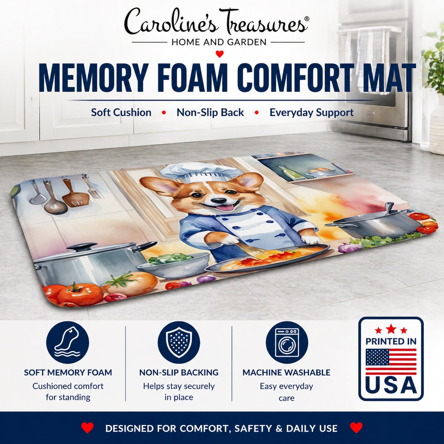 Corgi The Chef Memory Foam Kitchen Mat Machine Washable Anti-Fatigue Cushion Comfort Bath or Kitchen Rug