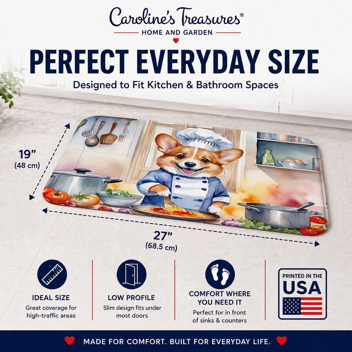 Corgi The Chef Memory Foam Kitchen Mat Machine Washable Anti-Fatigue Cushion Comfort Bath or Kitchen Rug