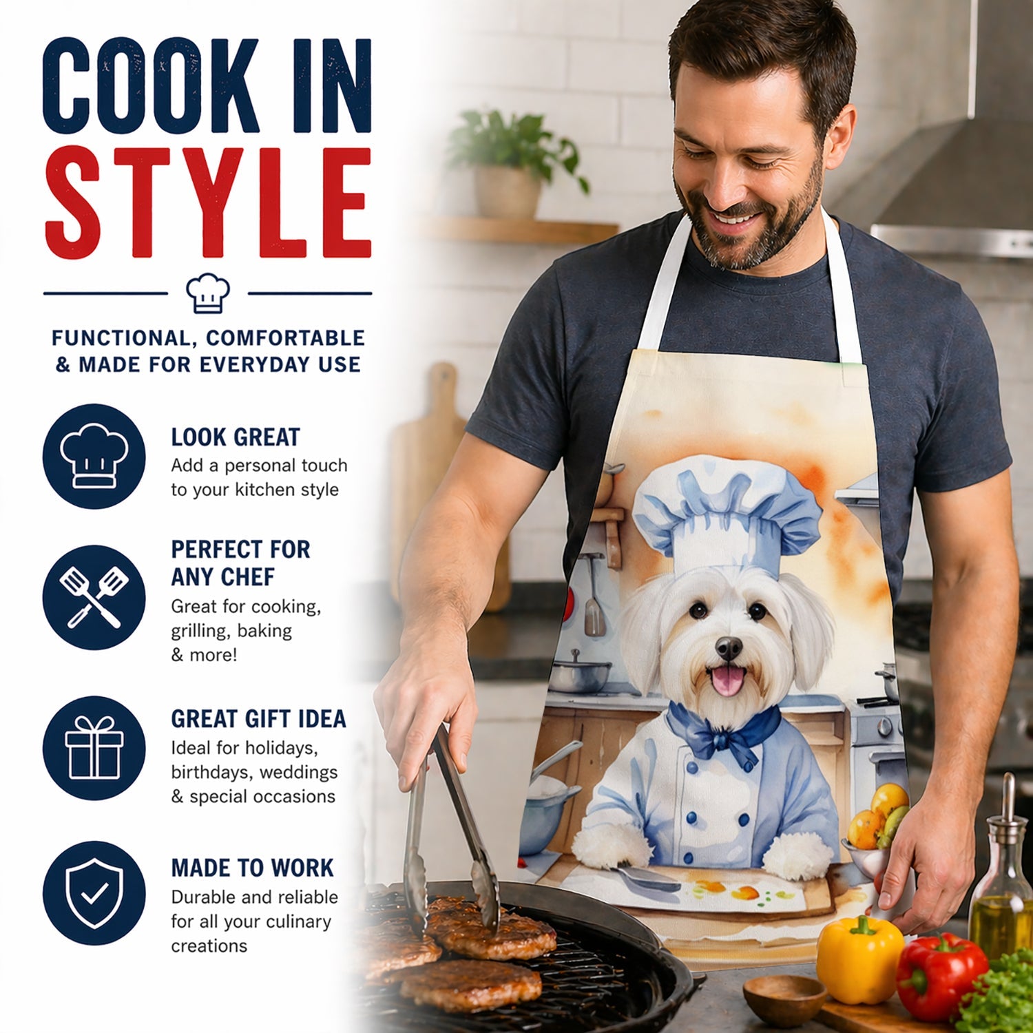 Coton de Tulear The Chef Apron Cooking Kitchen Server Baking Crafts Gardening for Adult Women Men, Unisex, Large, Multicolor