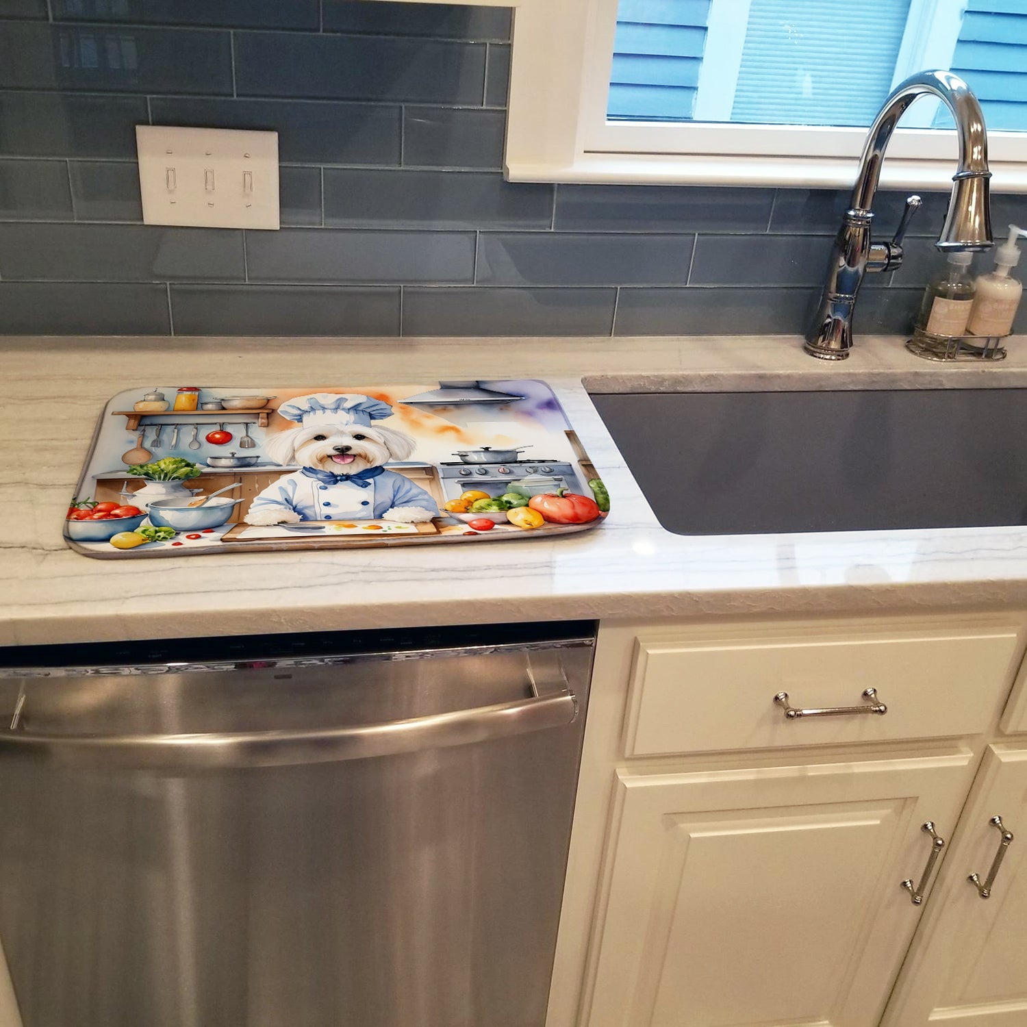Coton de Tulear The Chef Dish Drying Mat Absorbent Dish Drying Mat Pad for Kitchen Counter Dish Drainer Mat for Countertop, 14 x 21", Multicolor