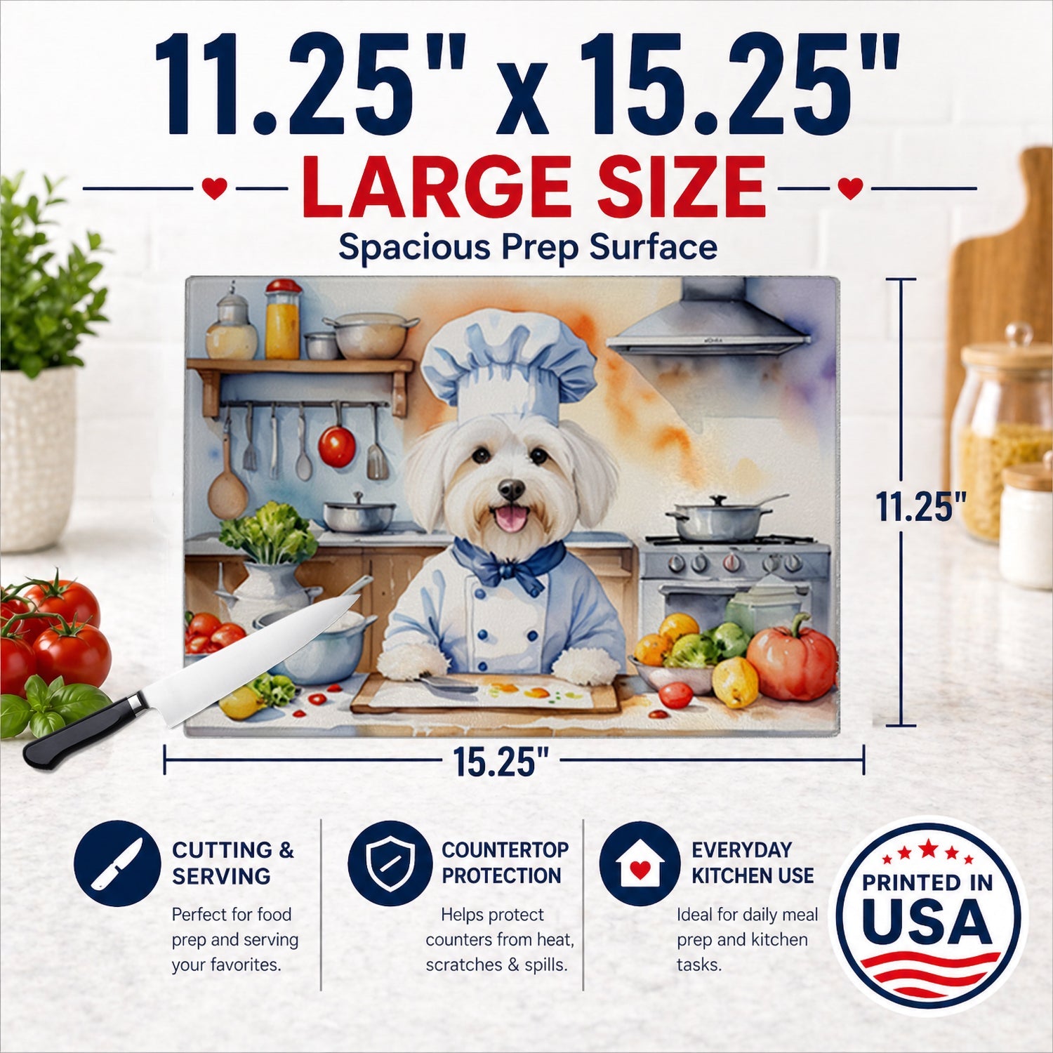 Coton de Tulear The Chef Cutting Board Tempered Glass Kitchen Cutting Surface, Heat Resistant Chopping, Non-Slip Feet, Food Prep & Serving