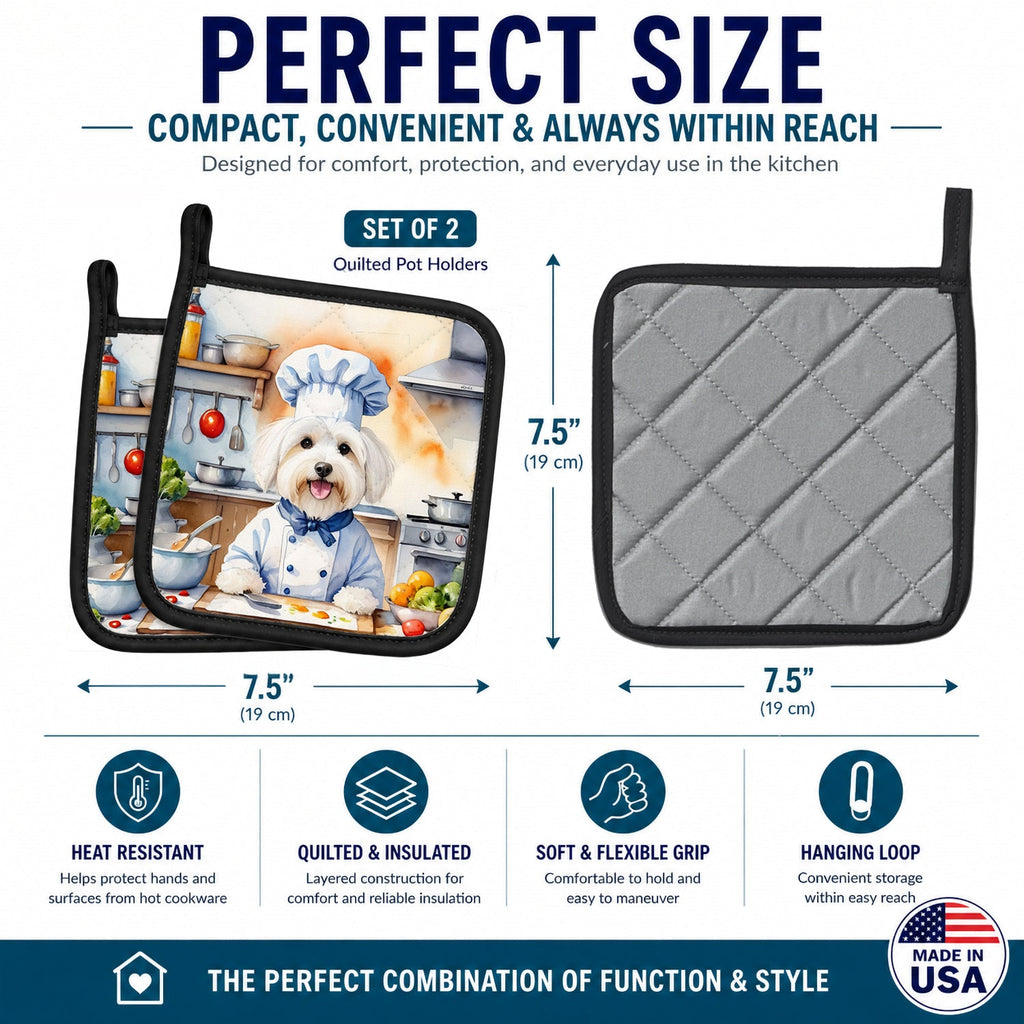 Coton de Tulear The Chef Pot Holder Set of 2 Heat Resistant Quilted Hot Pads 7.5 x 7.5 Inch, Insulated Kitchen Trivets for Cooking & Baking