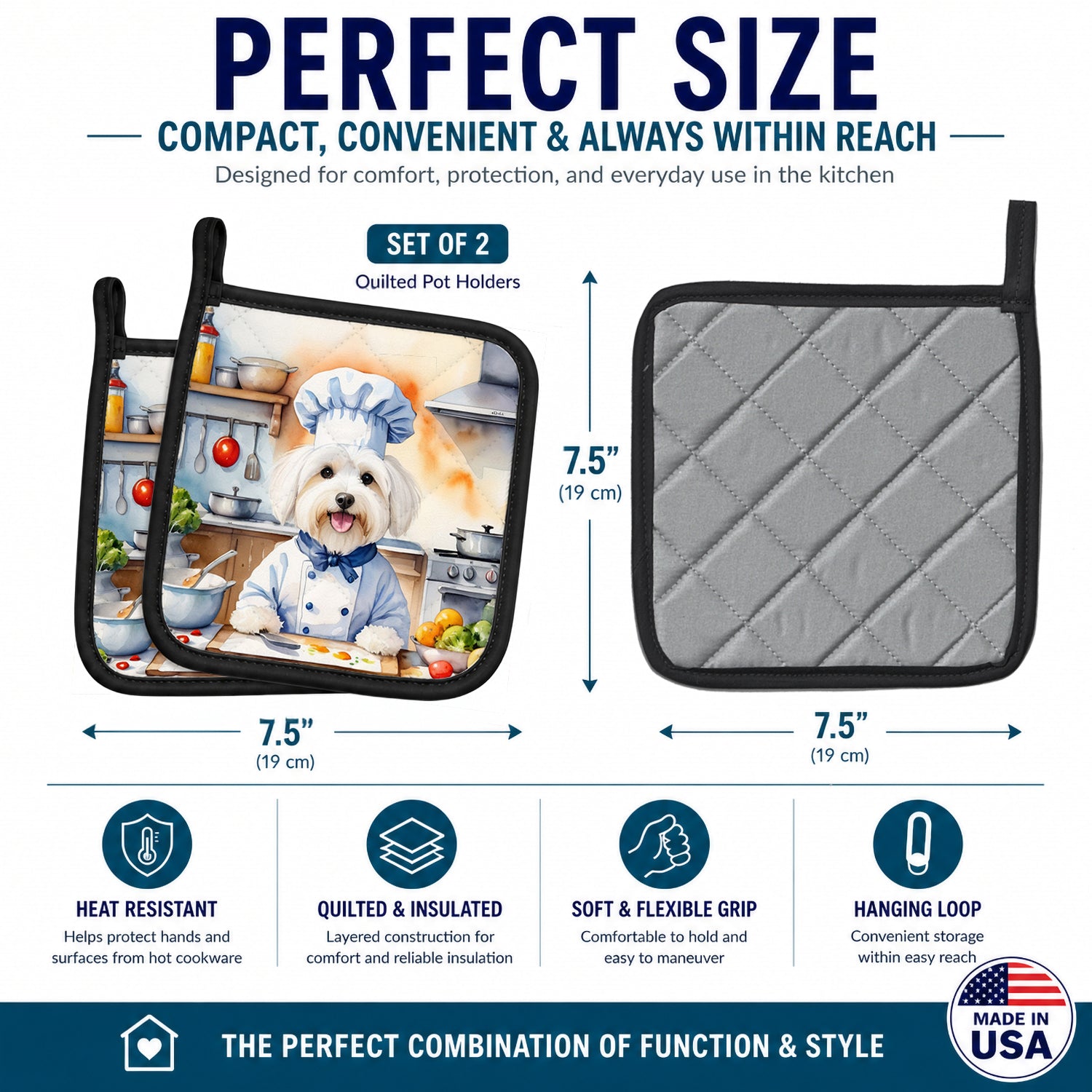 Coton de Tulear The Chef Pot Holder Set of 2 Heat Resistant Quilted Hot Pads 7.5 x 7.5 Inch, Insulated Kitchen Trivets for Cooking & Baking
