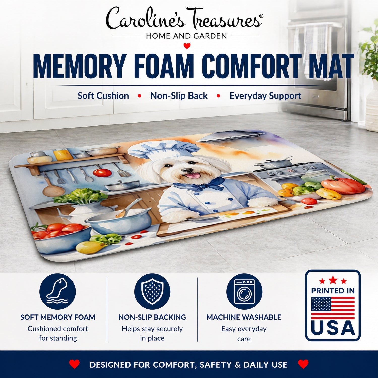 Coton de Tulear The Chef Memory Foam Kitchen Mat Machine Washable Anti-Fatigue Cushion Comfort Bath or Kitchen Rug