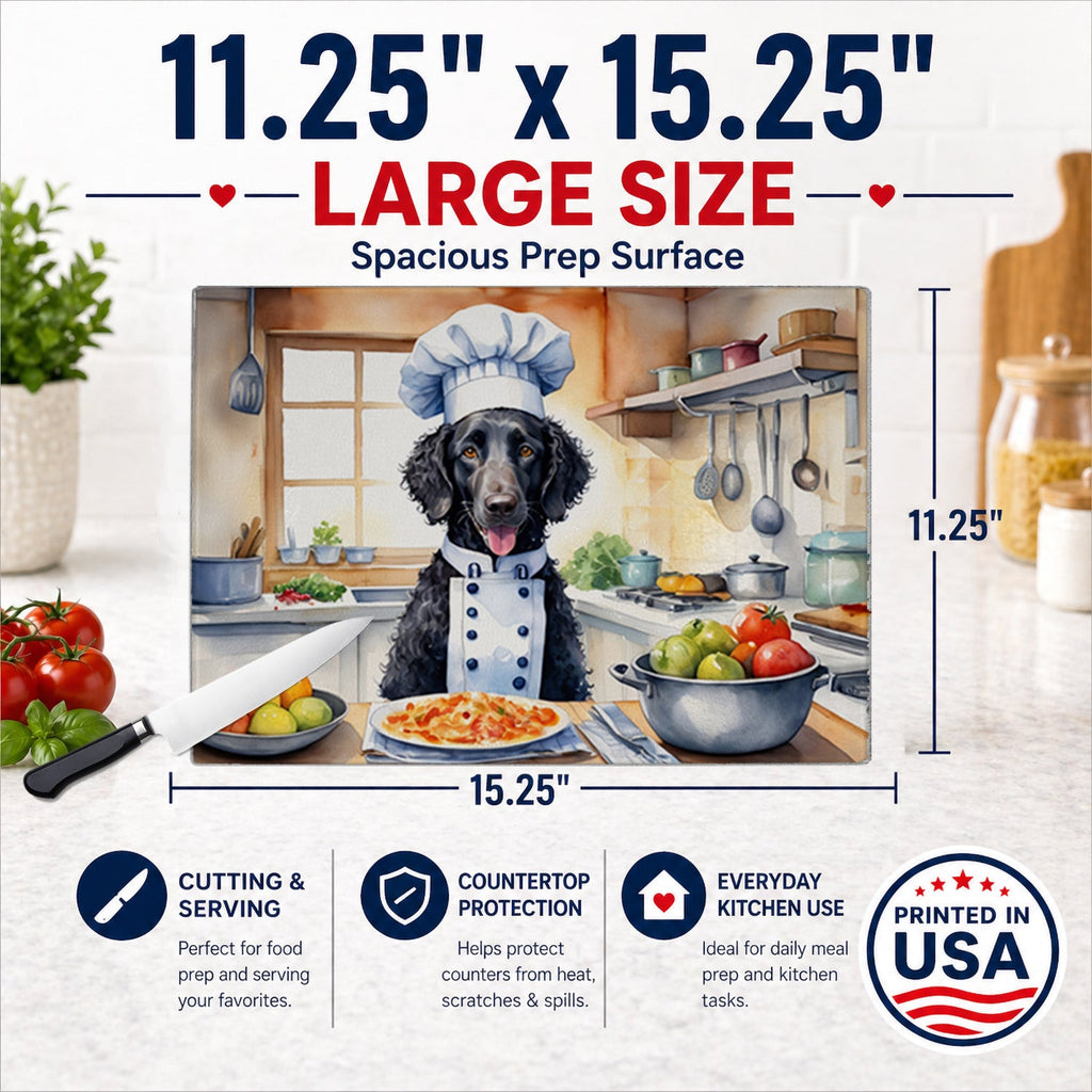 Curly-Coated Retriever The Chef Cutting Board Tempered Glass Kitchen Cutting Surface, Heat Resistant Chopping, Non-Slip Feet, Food Prep & Serving