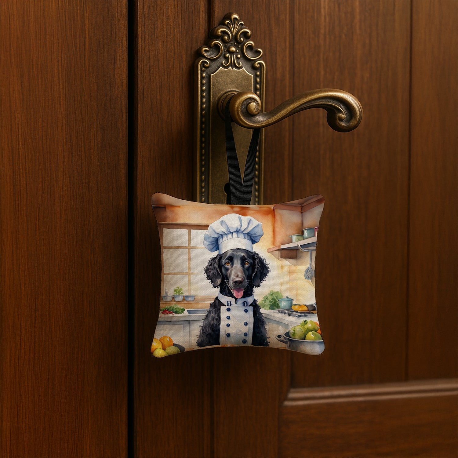 Curly-Coated Retriever The Chef Hanging Square Fabric Ornament 3.5 × 3.5 Decorative Door-Knob & Tree Hanger, Soft Fabric