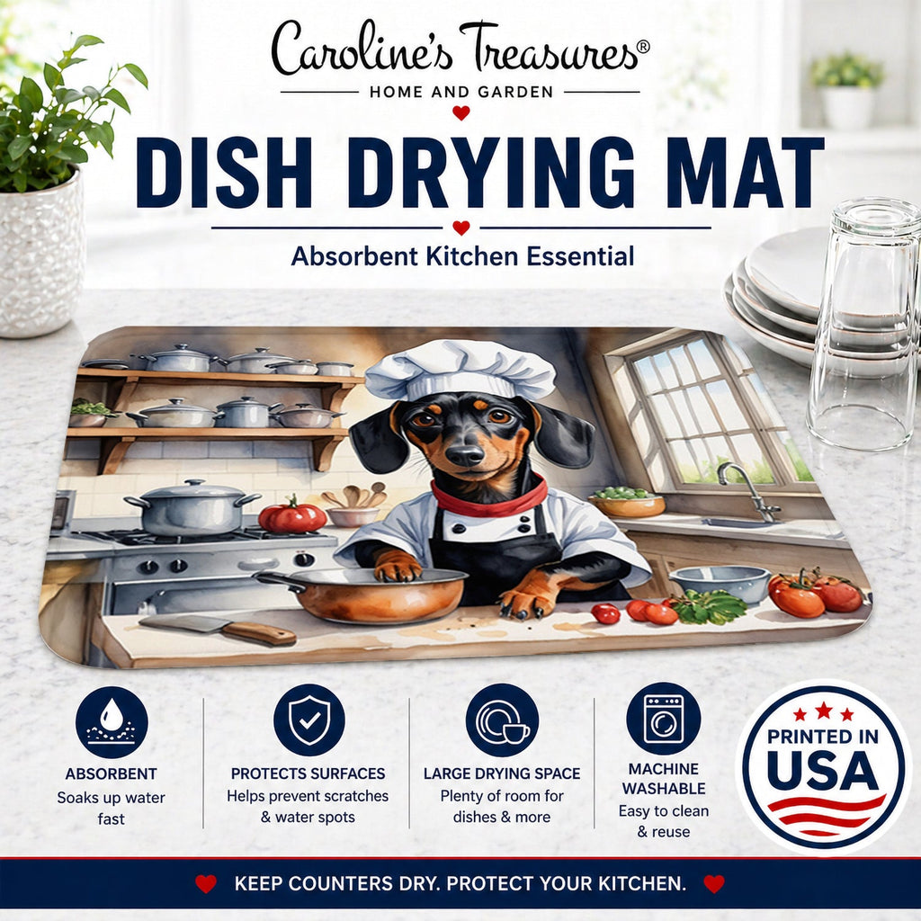 Dachshund The Chef Dish Drying Mat Absorbent Dish Drying Mat Pad for Kitchen Counter Dish Drainer Mat for Countertop, 14 x 21", Multicolor