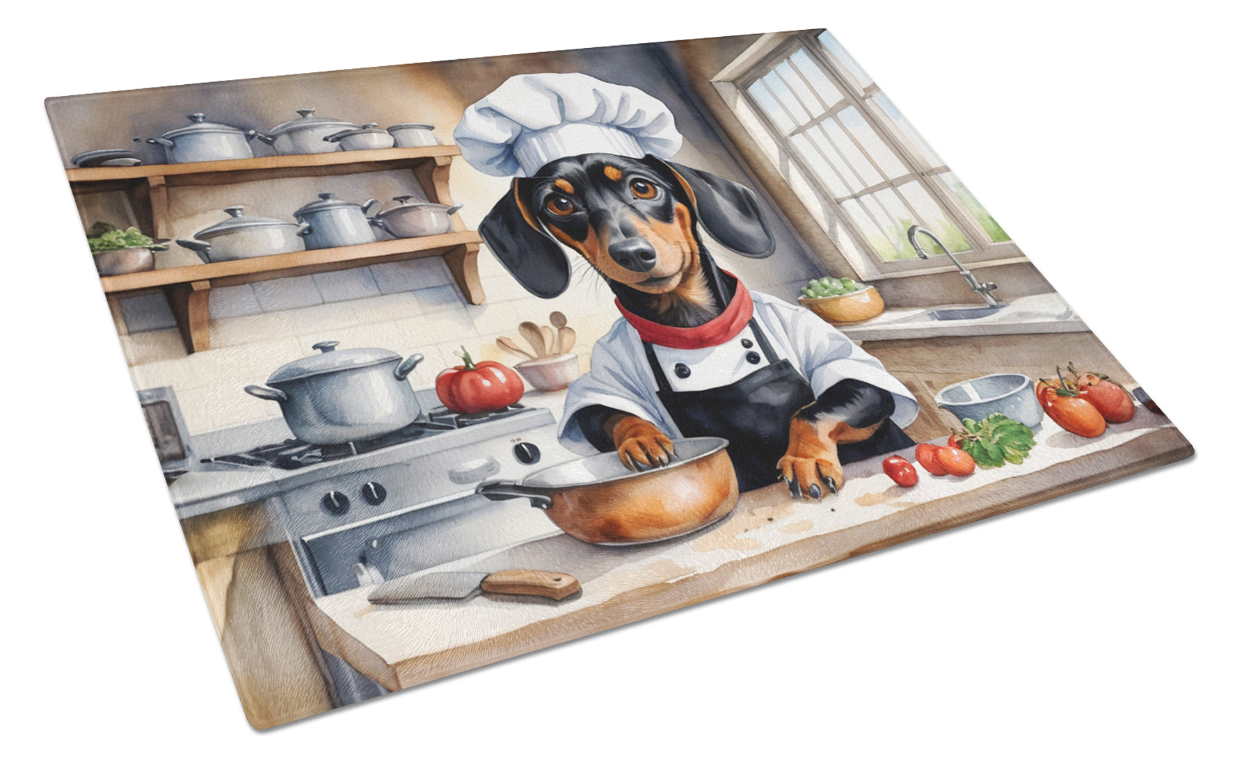 Dachshund The Chef Cutting Board Tempered Glass Kitchen Cutting Surface, Heat Resistant Chopping, Non-Slip Feet, Food Prep & Serving