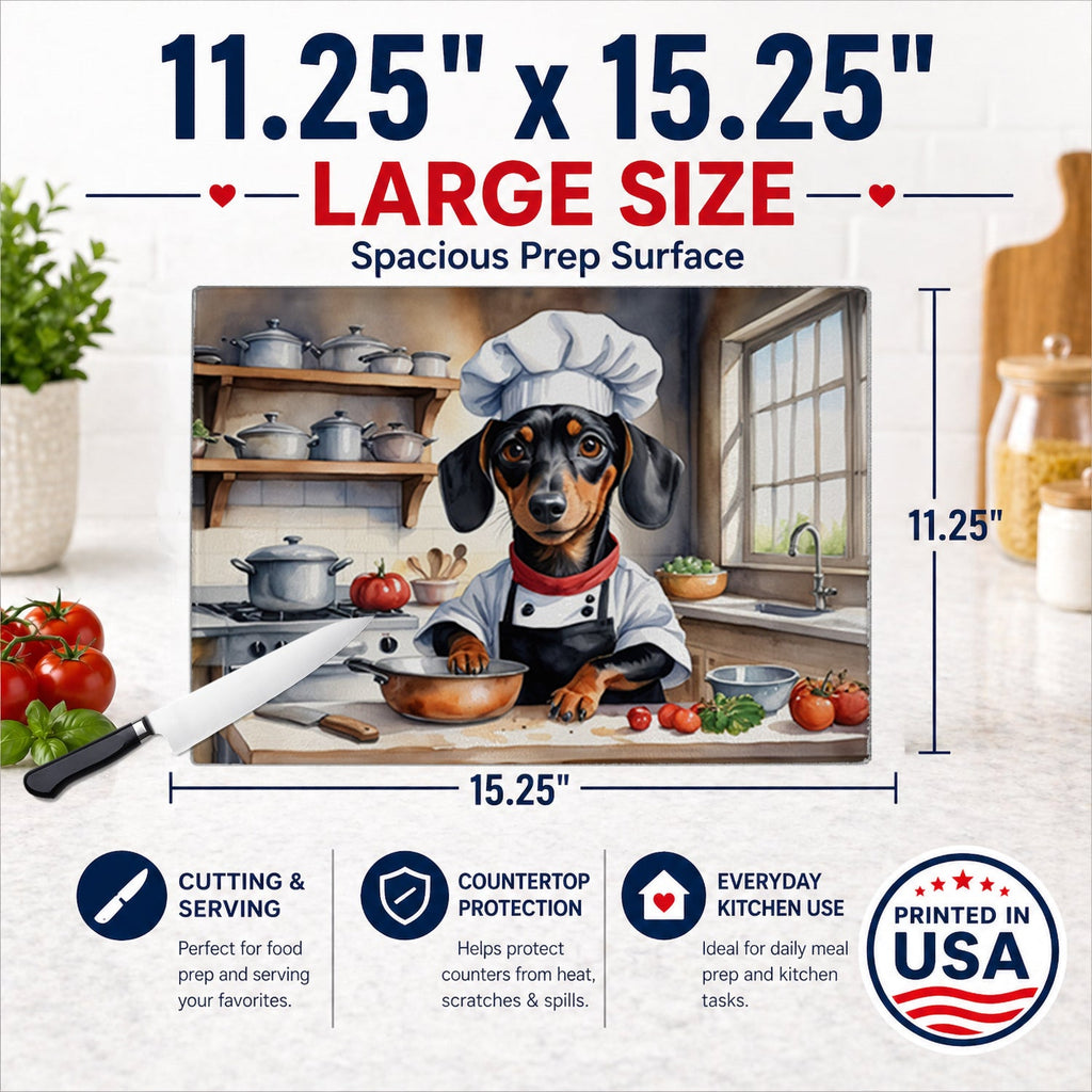 Dachshund The Chef Cutting Board Tempered Glass Kitchen Cutting Surface, Heat Resistant Chopping, Non-Slip Feet, Food Prep & Serving