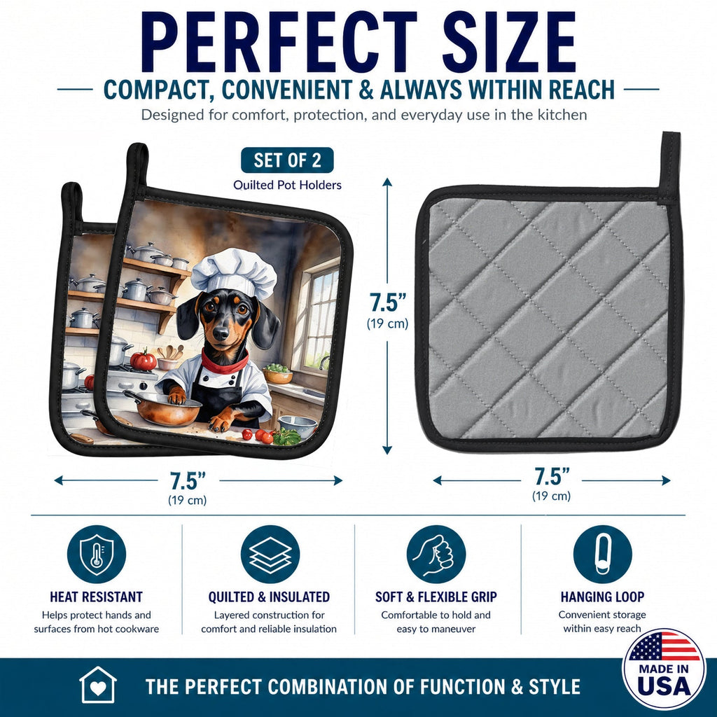Dachshund The Chef Pot Holder Set of 2 Heat Resistant Quilted Hot Pads 7.5 x 7.5 Inch, Insulated Kitchen Trivets for Cooking & Baking