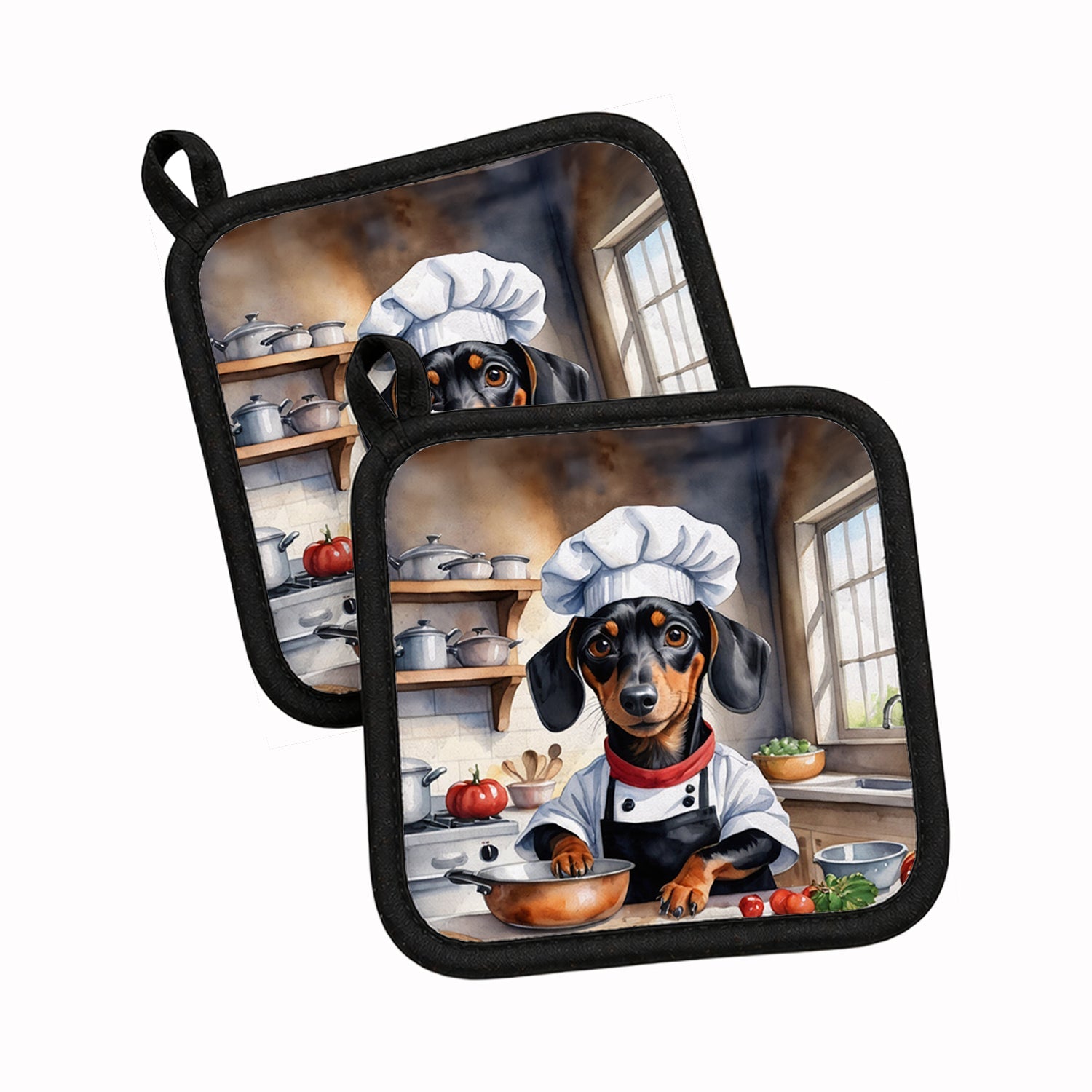 Dachshund The Chef Pot Holder Set of 2 Heat Resistant Quilted Hot Pads 7.5 x 7.5 Inch, Insulated Kitchen Trivets for Cooking & Baking