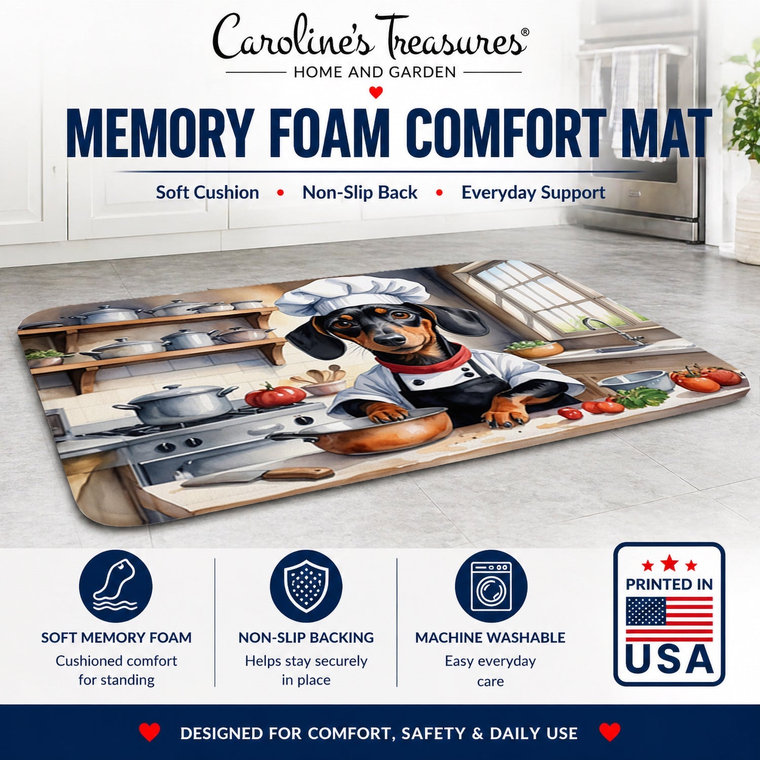 Dachshund The Chef Memory Foam Kitchen Mat Machine Washable Anti-Fatigue Cushion Comfort Bath or Kitchen Rug